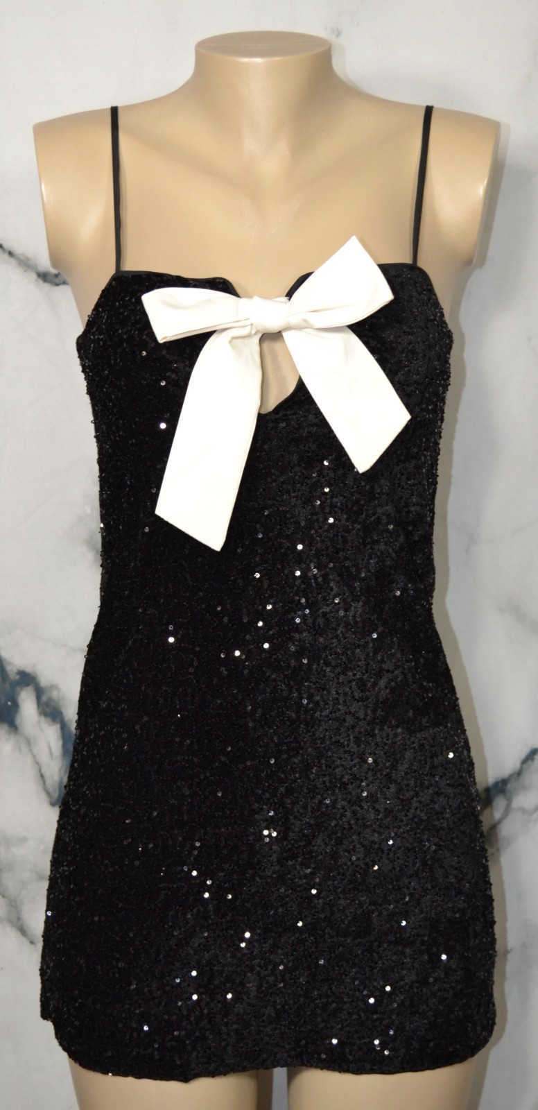 DIVIDED H & M NEW NWT Black Sequin Mini Dress XS Ivory Bow at Bust Adjust Straps