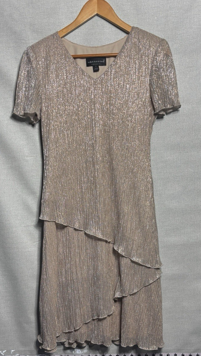 Connected Apparel Metallic Shimmer Overlay Dress Women’s Size 6 Champagne