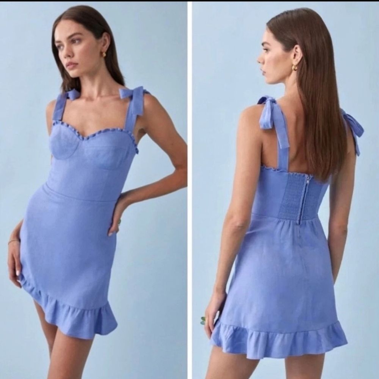 Reformation NWT Linen Desiree Mini Dress Shoulder Ties Sweetheart Neckline sz12