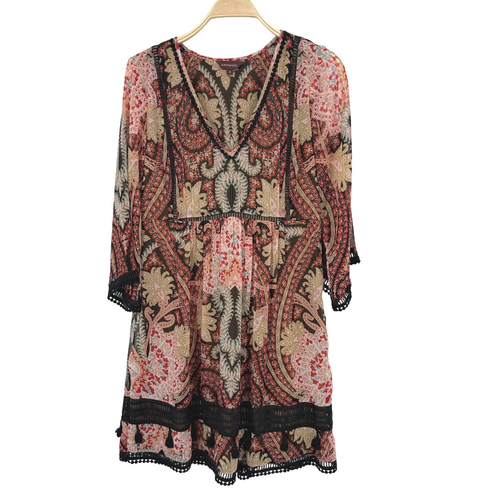 Ranna Gill Paisley Mini Dress Womens 8 Multicolor Boho Tassel Trim V-Neck