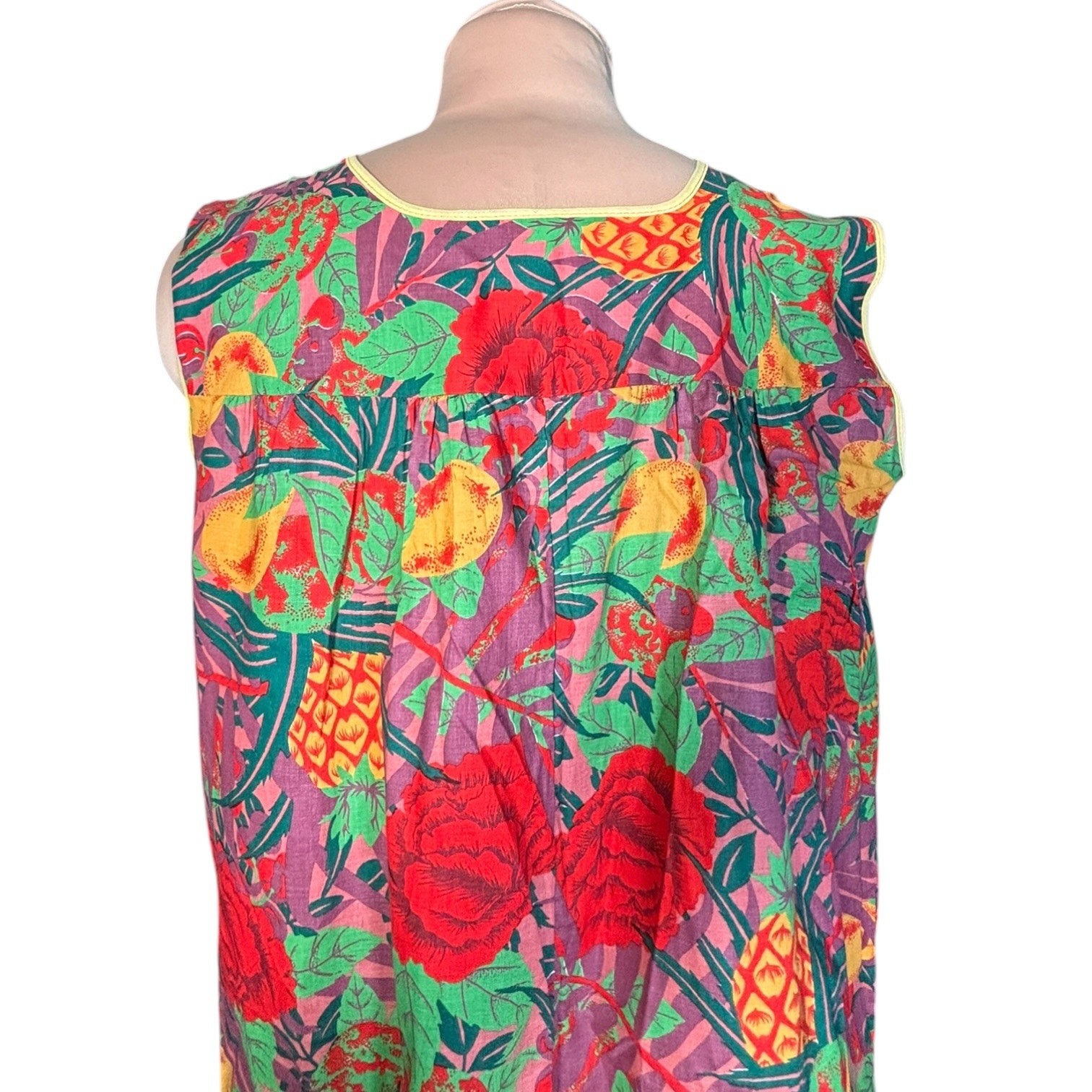 Vintage Tropical Fruit Floral House Dress Large Muumuu Pineapple Resort Wear