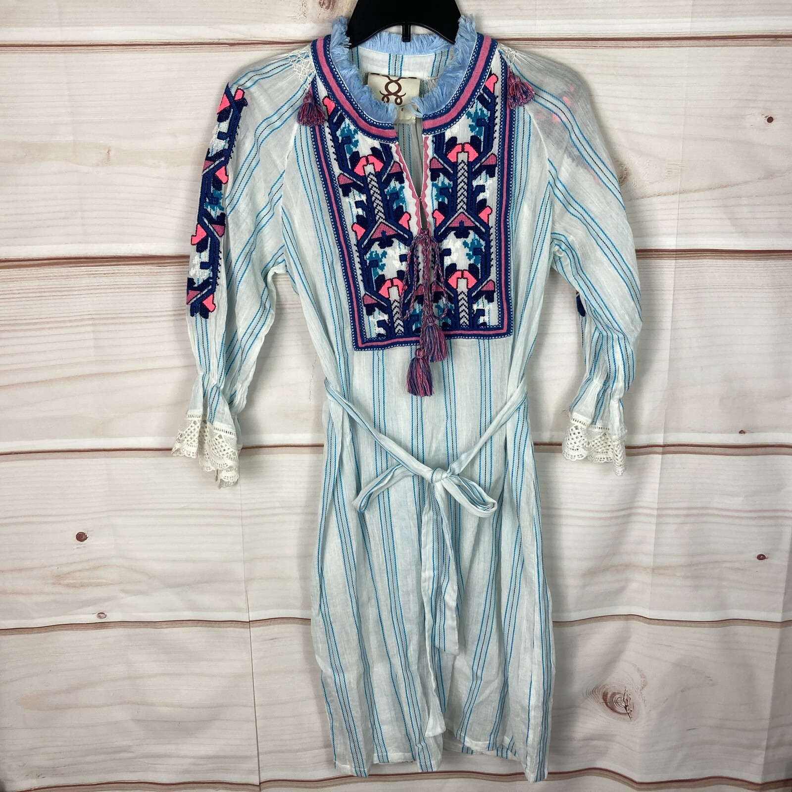 Figue Dress Womens XS Blue White Stripe Shift Embroidered Cotton 3/4 Sleeve Belt