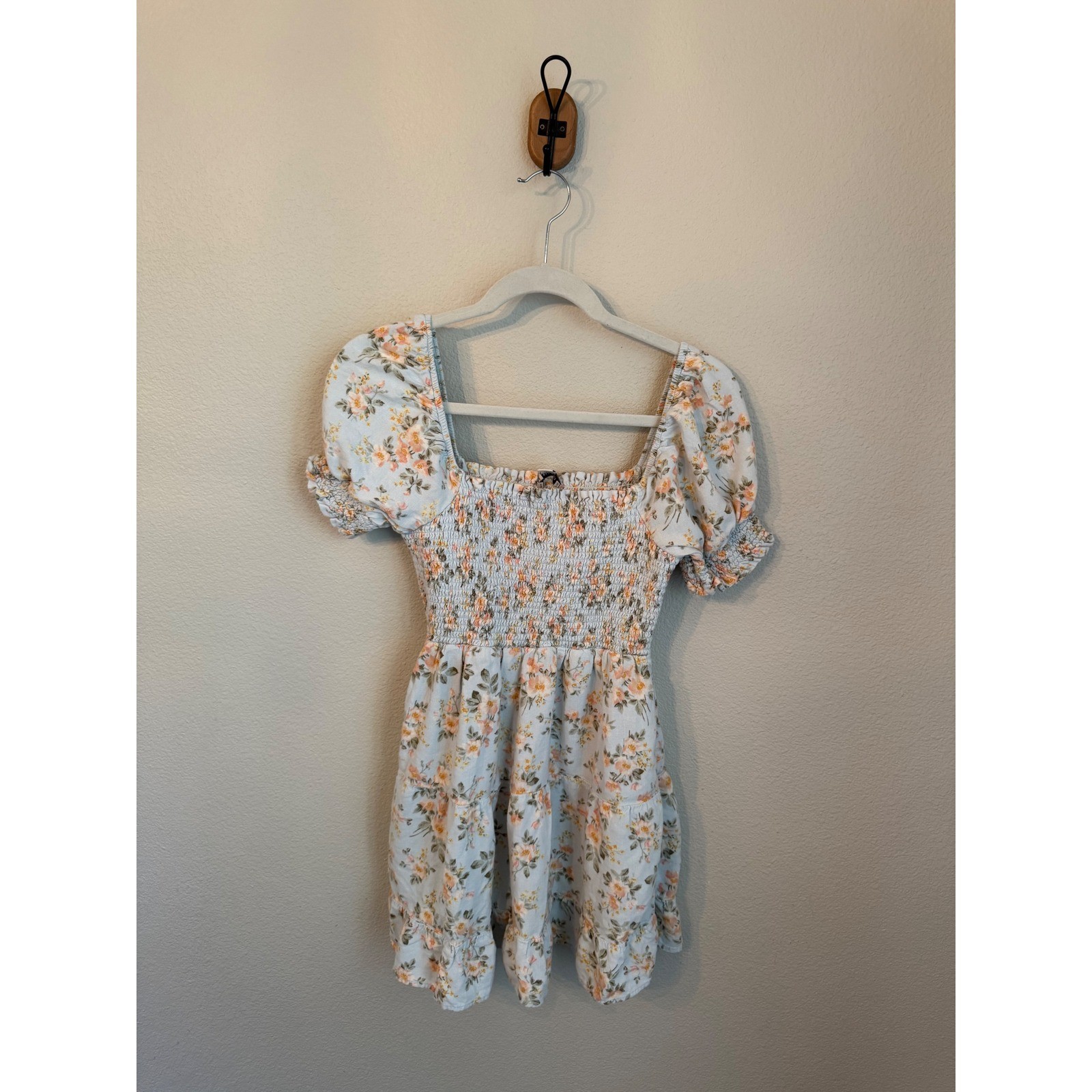 American Eagle Floral Mini Dress Womens XS Blue Excellent Smocked Puff Sleeve