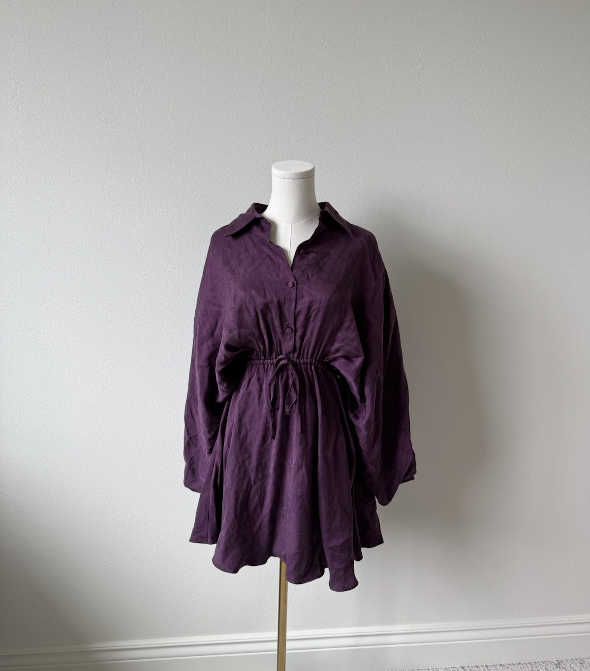 Zara Purple Shirt Dress Collared Long Sleeve Button Drawstring Waist S