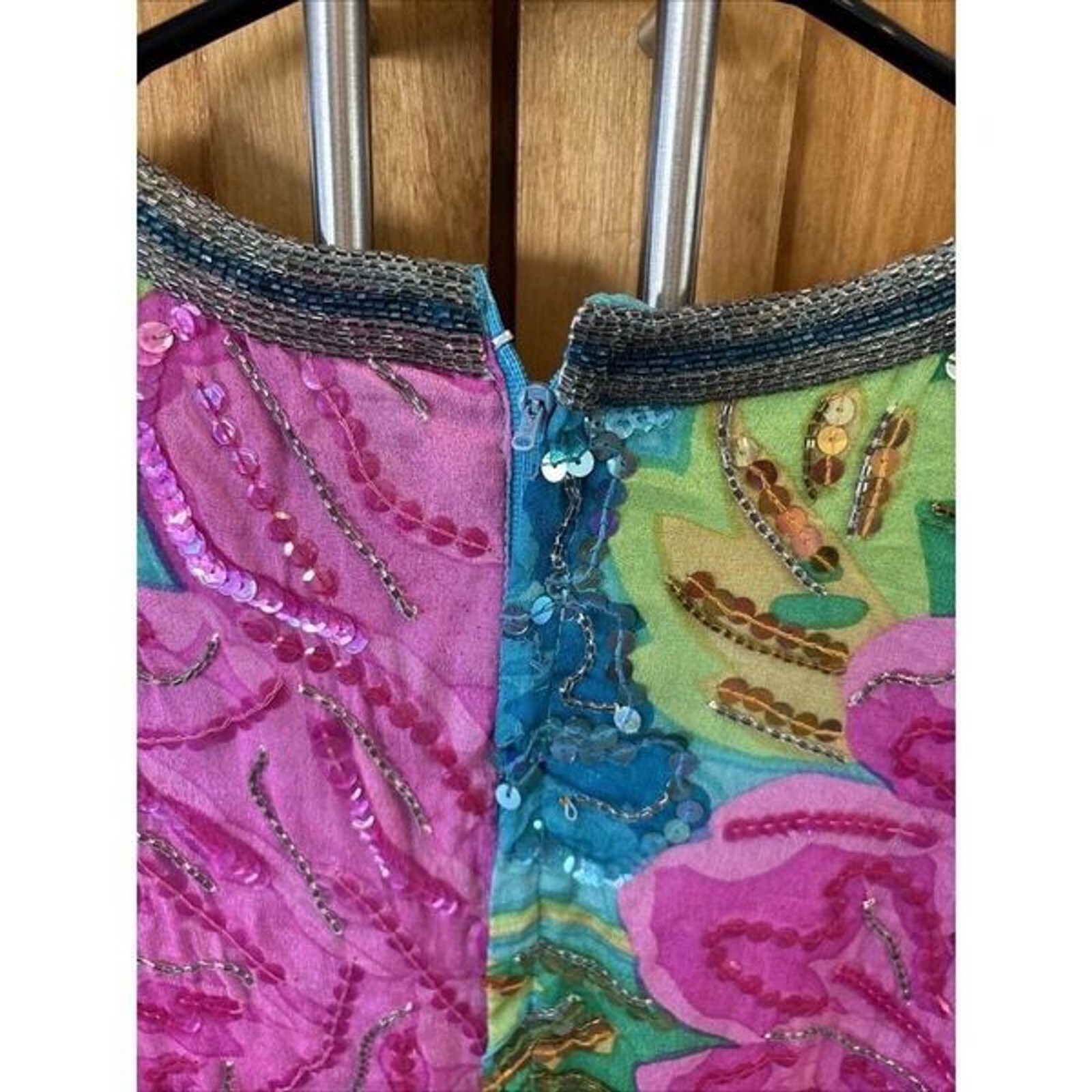 Judith Ann Creations Colorful Sequined Silk Blouson Dress M Vintage New Zip Hook