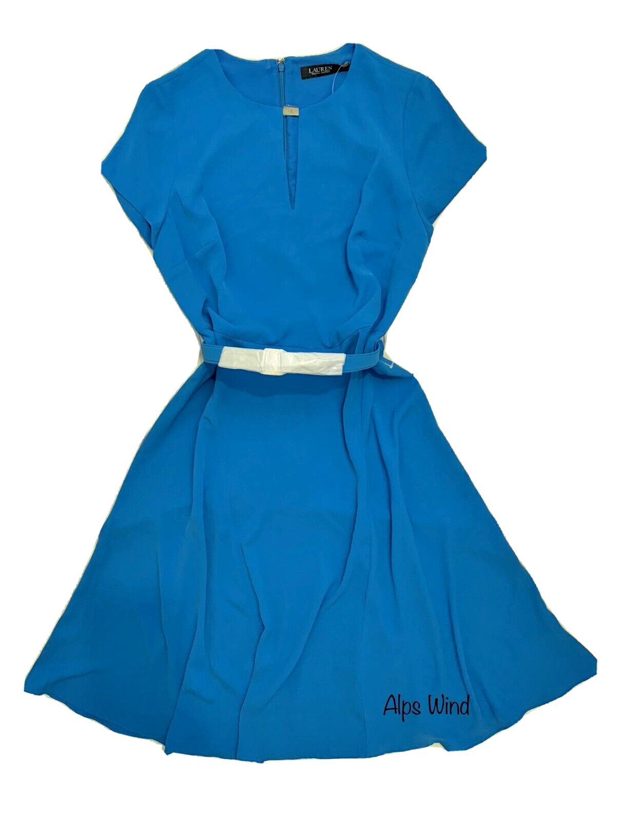 New LAUREN RL Split V-Neck Keyhole Belted Georgette Dress Size-12, $80 Off MSRP