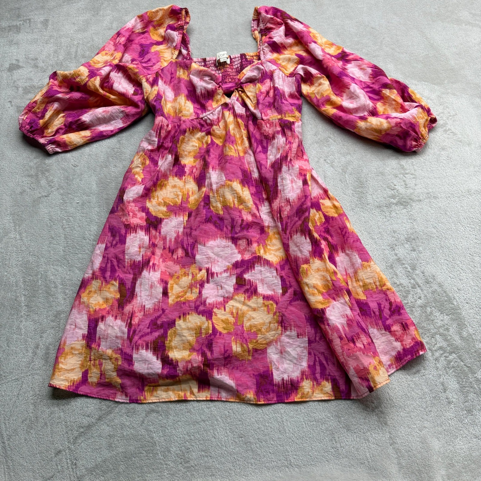 LOFT Dress Womens Small Pink Orange Floral Puff Sleeve Smocked Boho Cottagecore