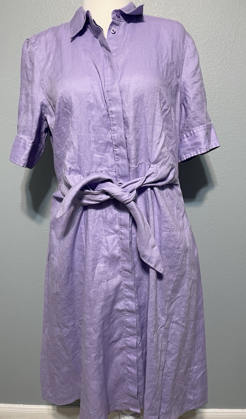 Lauren Ralph Lauren Linen Shirt Dress Lilac Purple Belted Midi Preppy Chic 14P