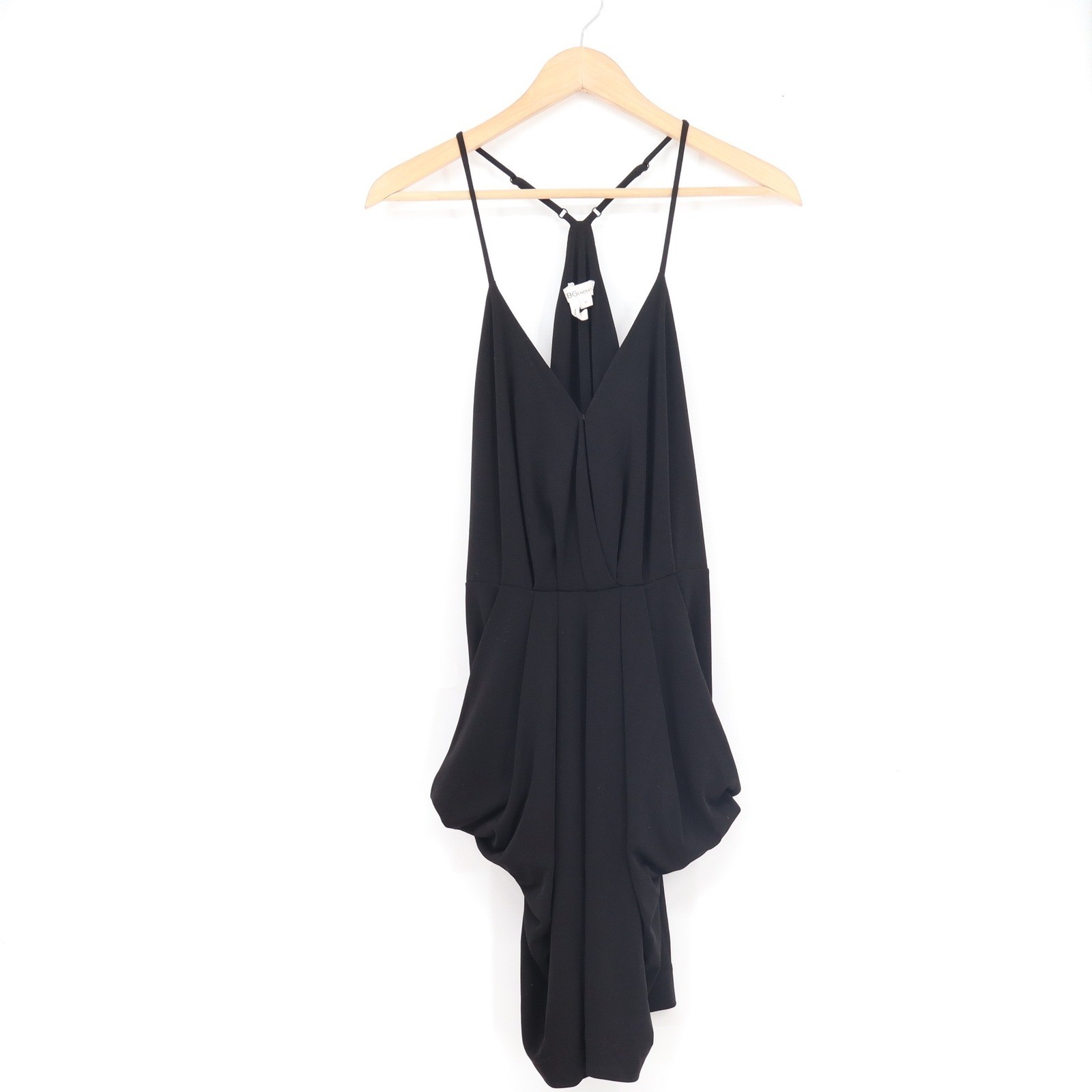 BCBGeneration Black Draped Tulip Mini Dress Womens Medium Racerback V-Neck LBD