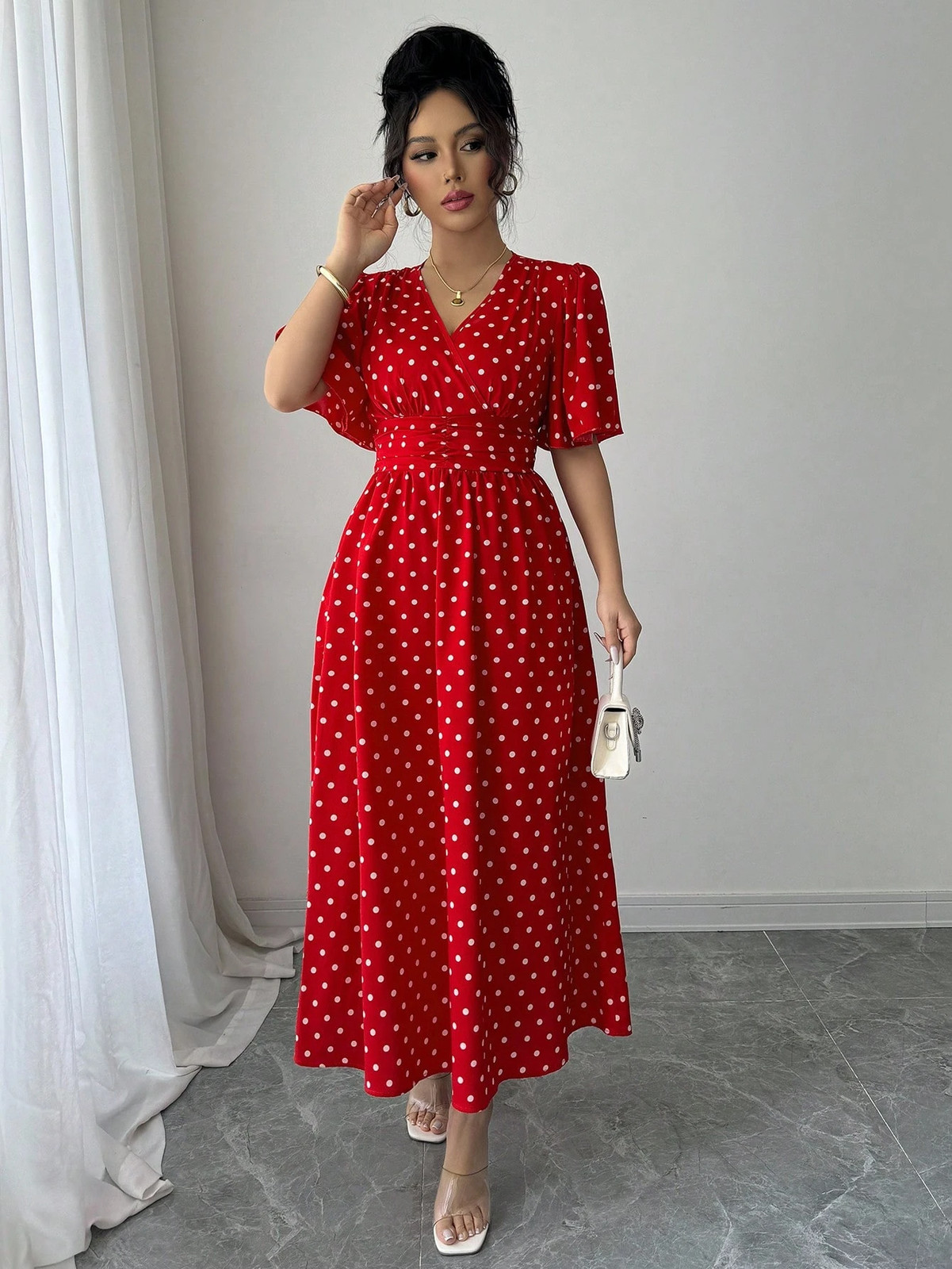 Elegant Polka Dot Pattern V Neck Midi Dress