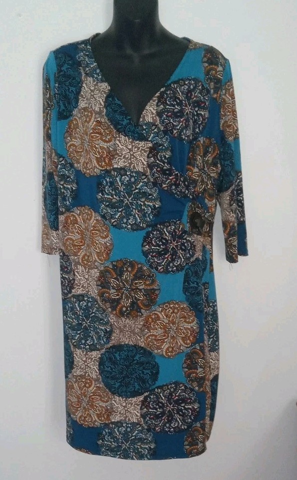 NY Collection Woman Multicolored Print V-neck 3/4 Sleeve At Knee Sheath Dress Sz