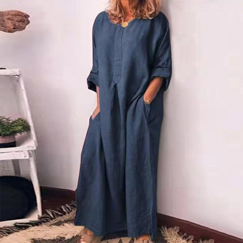 Ladies Side Split V-Neck Cotton Dress Casual Loose Longshirt Holiday Dress –