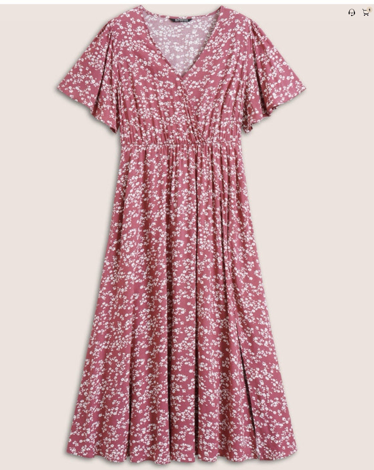 Dusty Pink Floral V-Neck Wrap Midi Dress M Ruffle Short Sleeve Pockets Slit