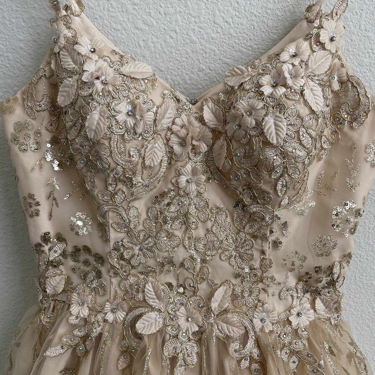DANCING QUEEN Gold Beige Floral Glitter Tinker Bell Fairy Princess Tulle Dress