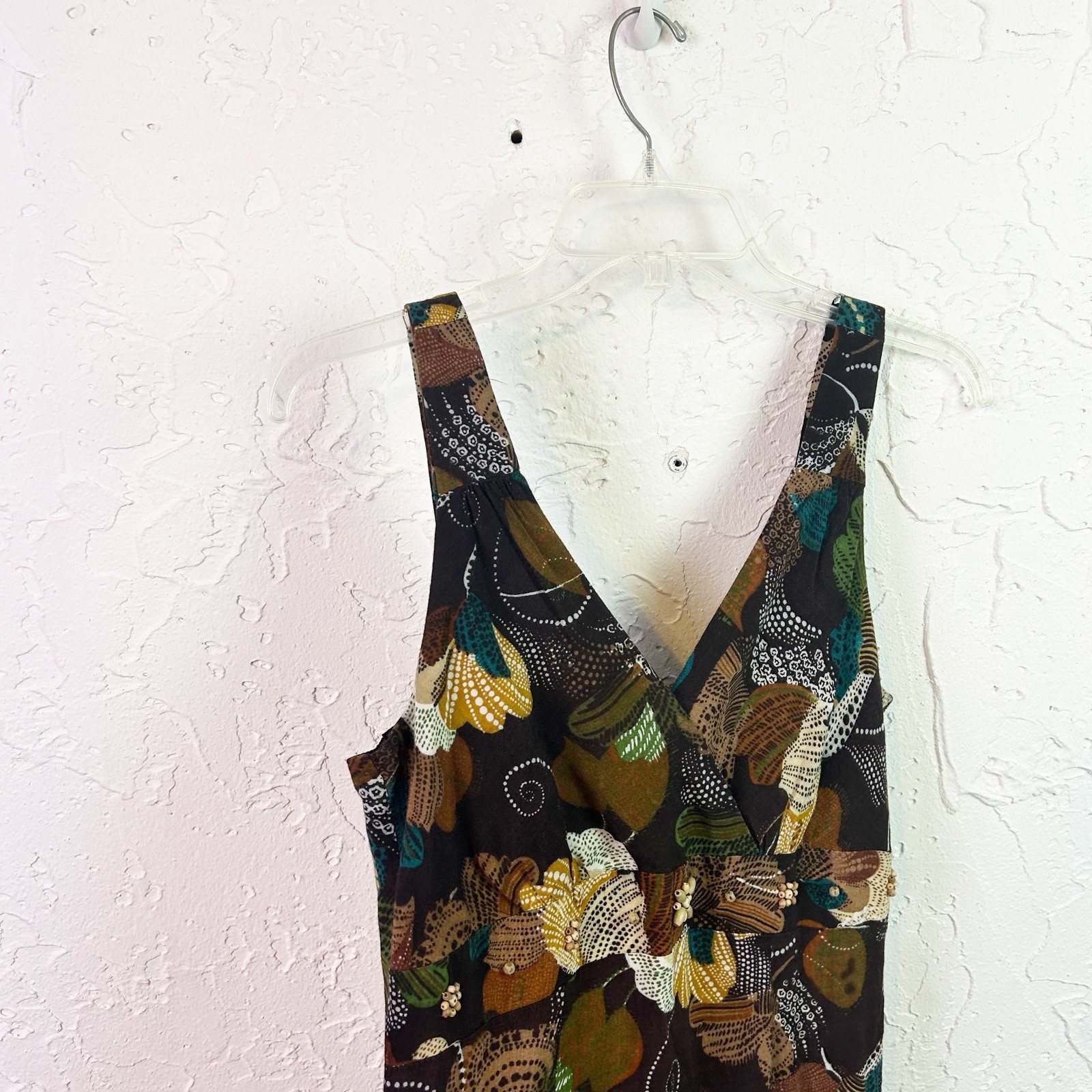 Vintage Brown Floral Beaded V-neck Knee Length Dress Size 10 Boho Hippie Fairy