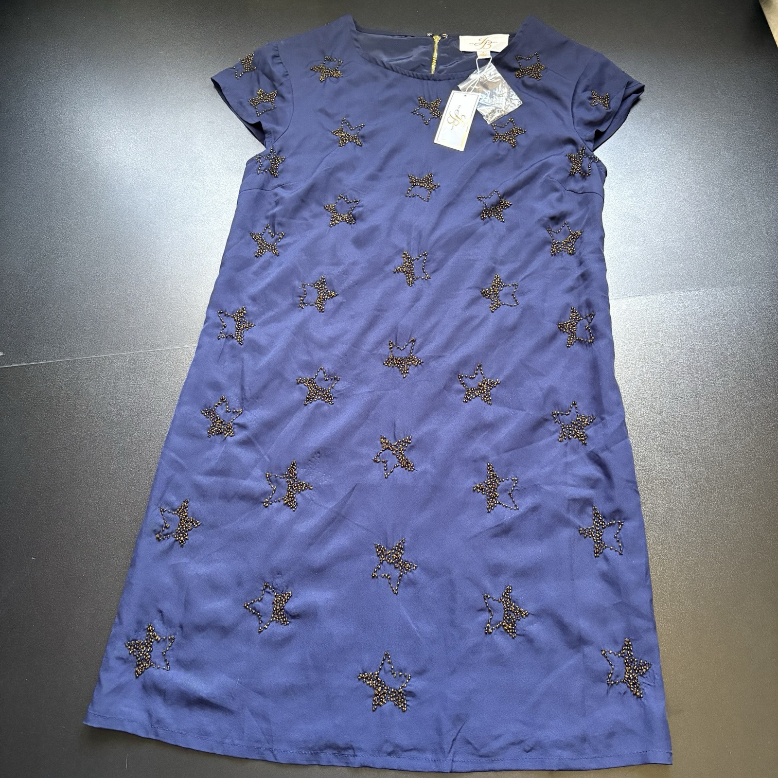JULIE BROWN Navy Blue Beaded Gold Star Shift Cocktail Dress 8 Short Cap Sleeve