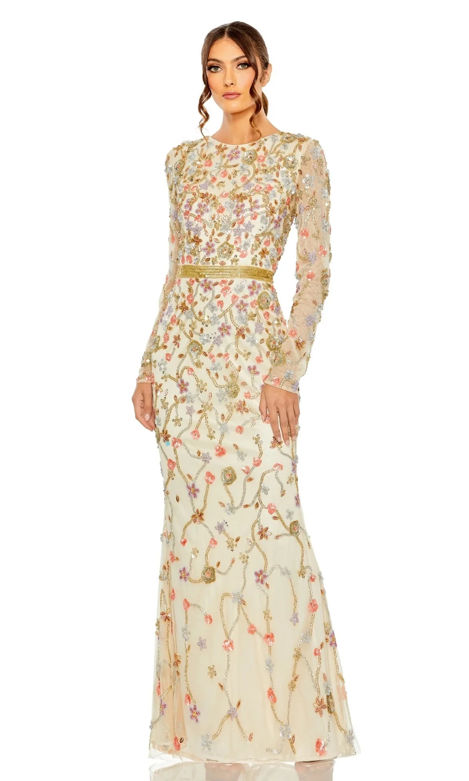 Mac Duggal Nude Multi Floral Long Sleeve Bead Embellished Long Dress Size 8 $798