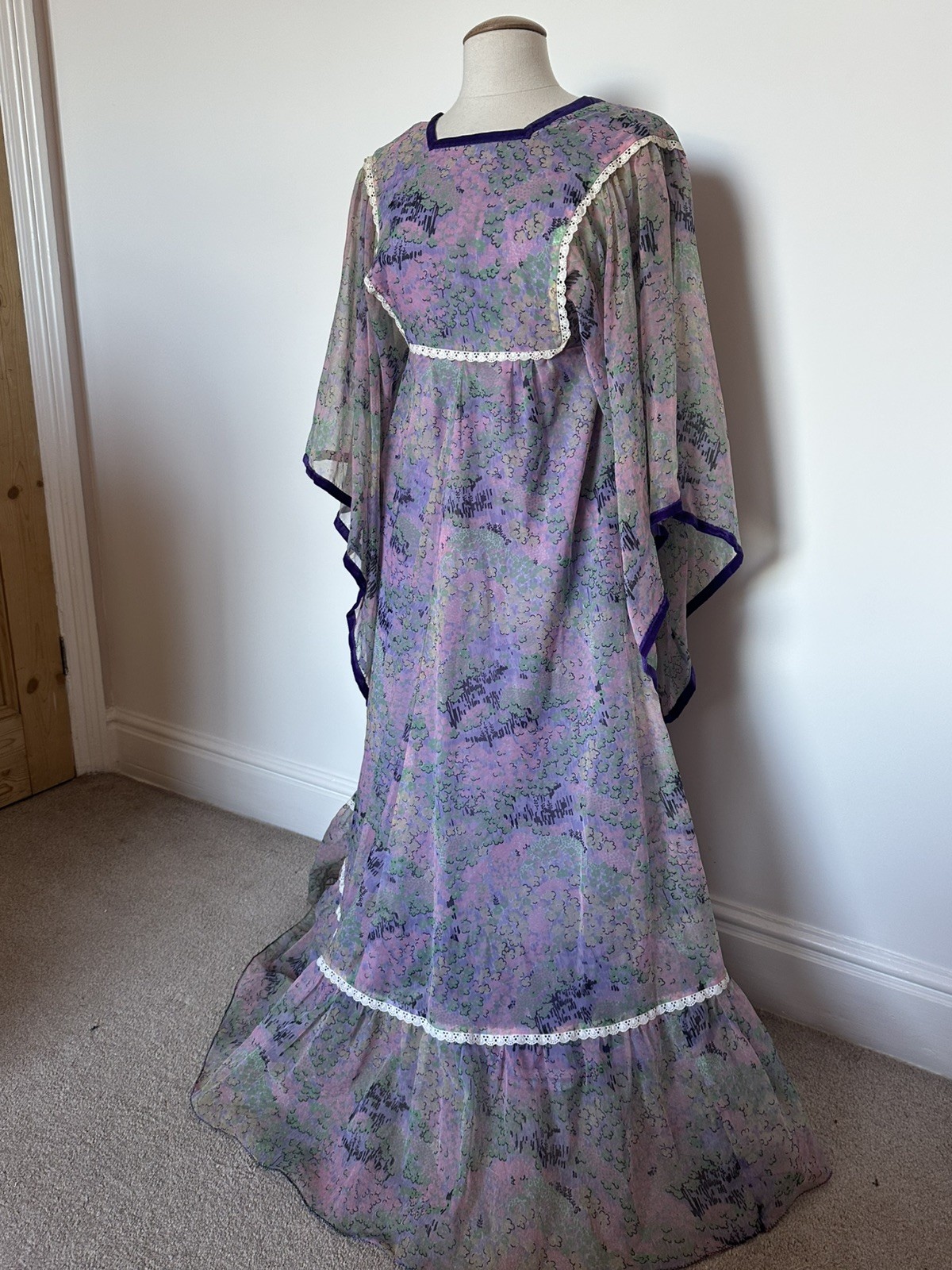 Vtg 60s 70s Lilac Pastel Floral Dress Sz small