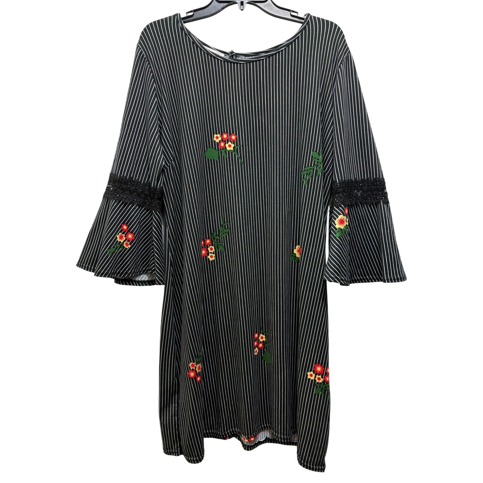 Jon & Anna Bell Sleeve Jersey Dress Womens XL Black White Striped Floral Stretch