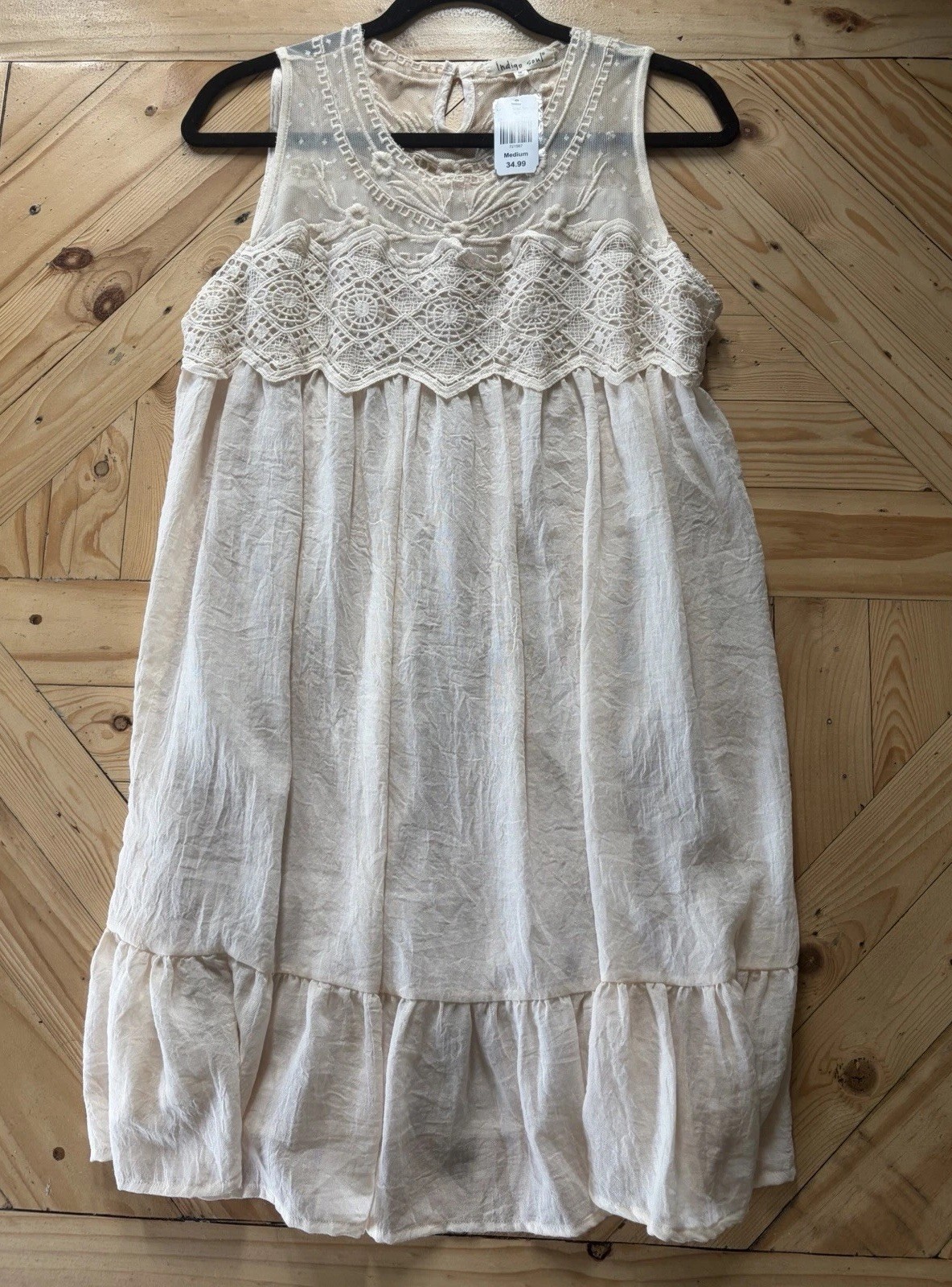 NWT Indigo Soul Medium Dress Tunic Embroidered Tan Crochet Trim Beautiful Boho