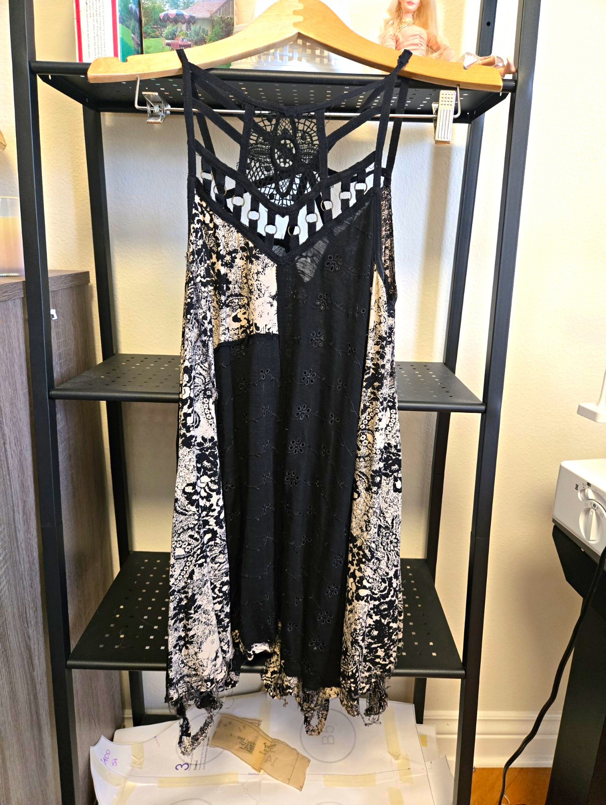 ANGL Boho Paisley & Eyelet Crochet Strap Handkerchief Hem Mini Dress S