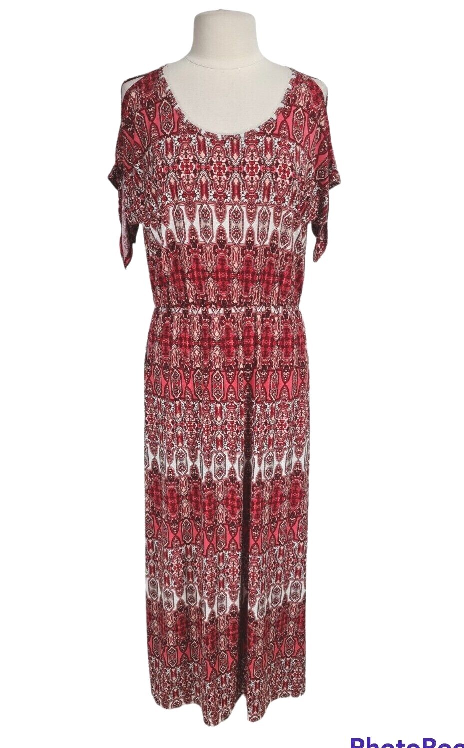 Elie McCarthy Womens Maxi Size XL Crew Neck Short Slit Sleeve Floral Red Stretch