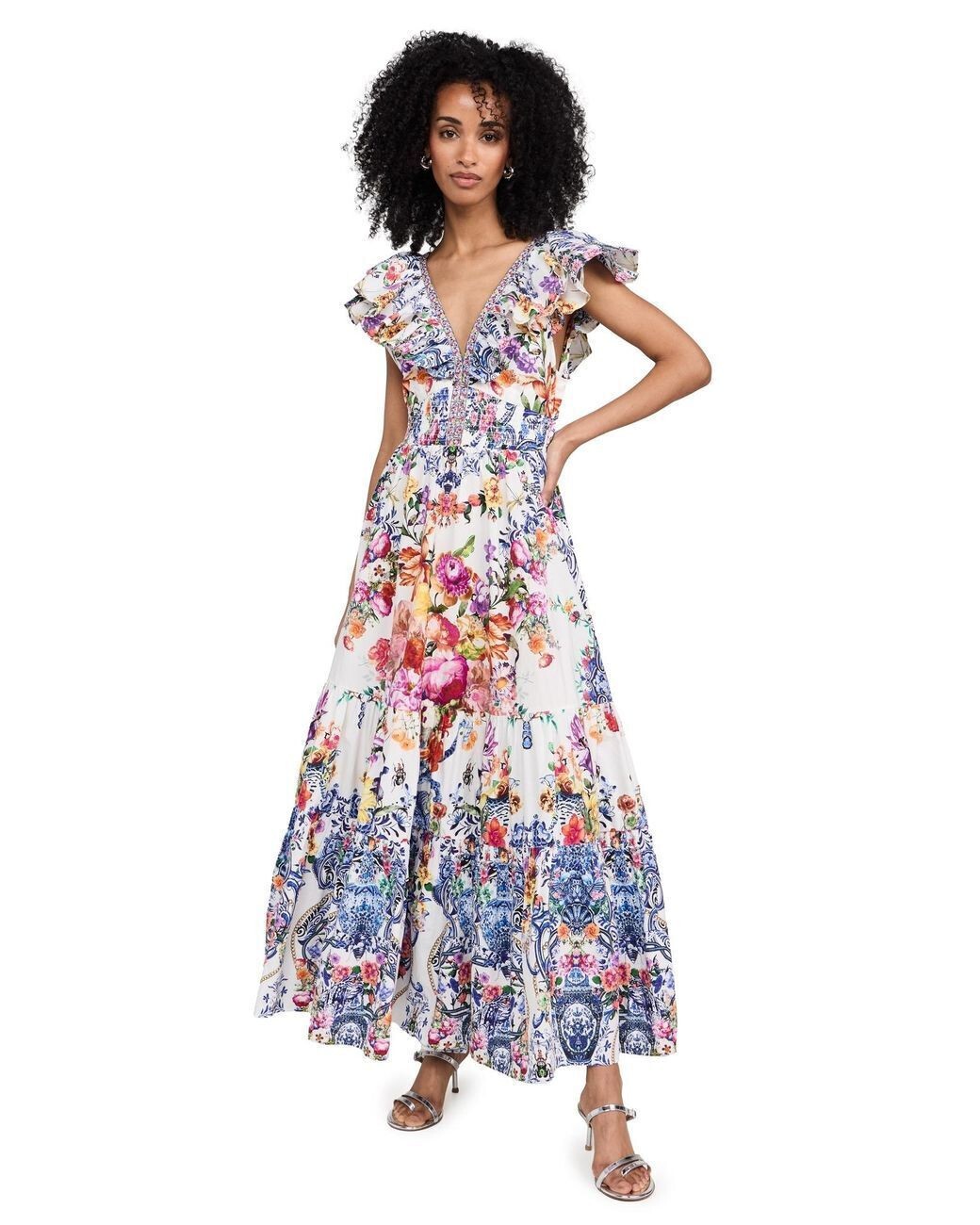 CAMILLA “Dutch Is Life” Tiered Frill Cotton V-Neck Open Back Maxi Dress, L $899