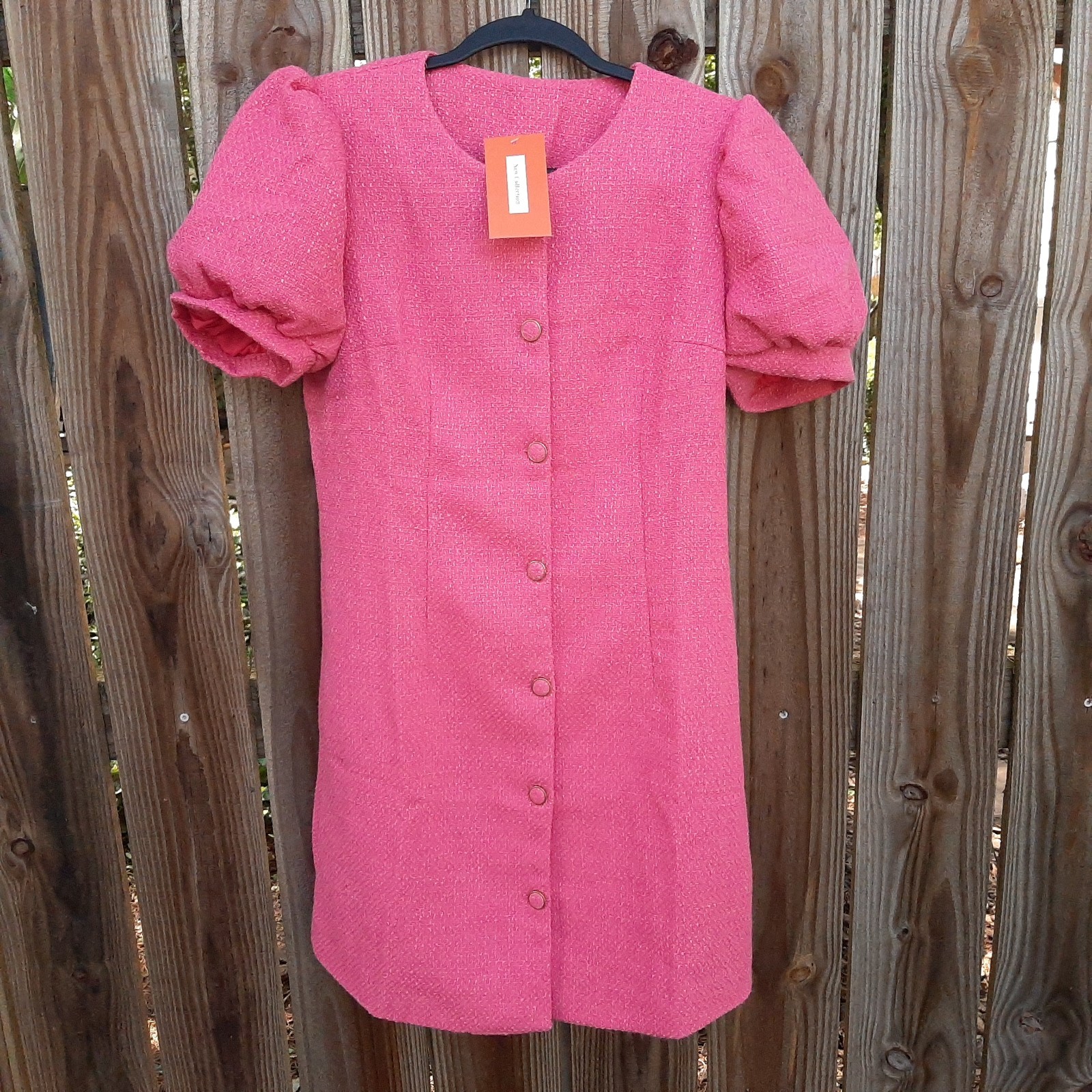 Tweed Jackie Dress Puff Short Sleeve Button Down Mini Dress , Watermelon Pink S