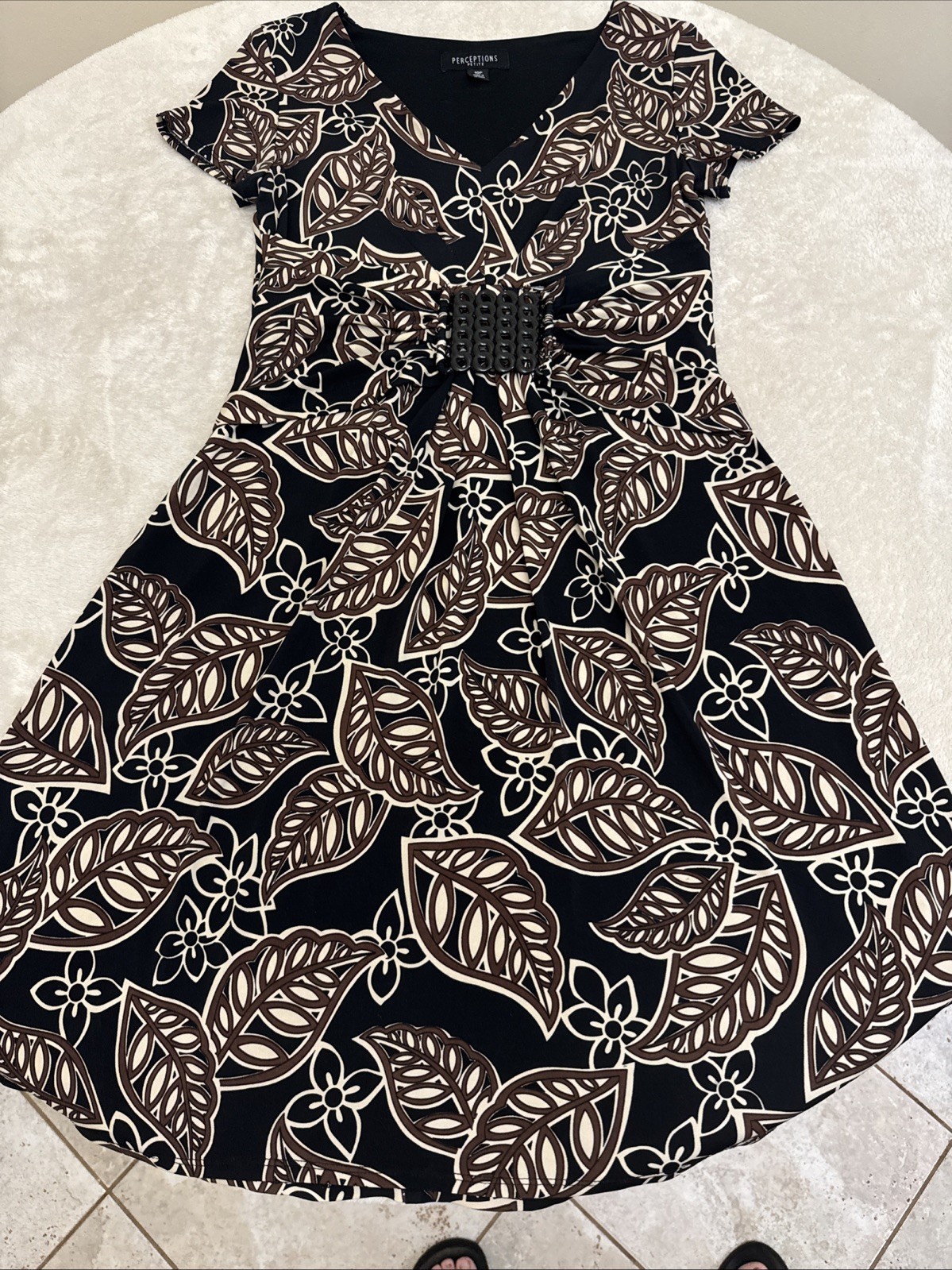 Perception Womens STRETCH Black Brown Beige Floral Fit & Flare Dress 10 Petite