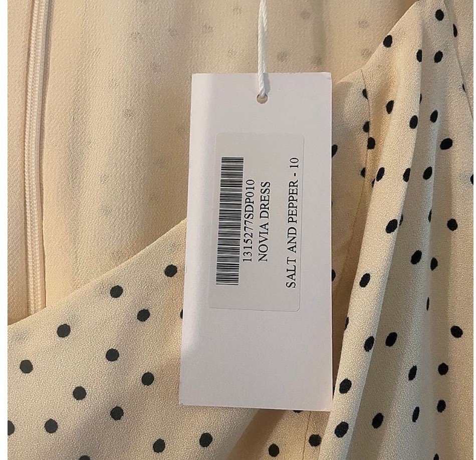 Reformation Novia Polka Dot Flutter Sleeve Dress in Salt and Pepper, Size 10 NEW