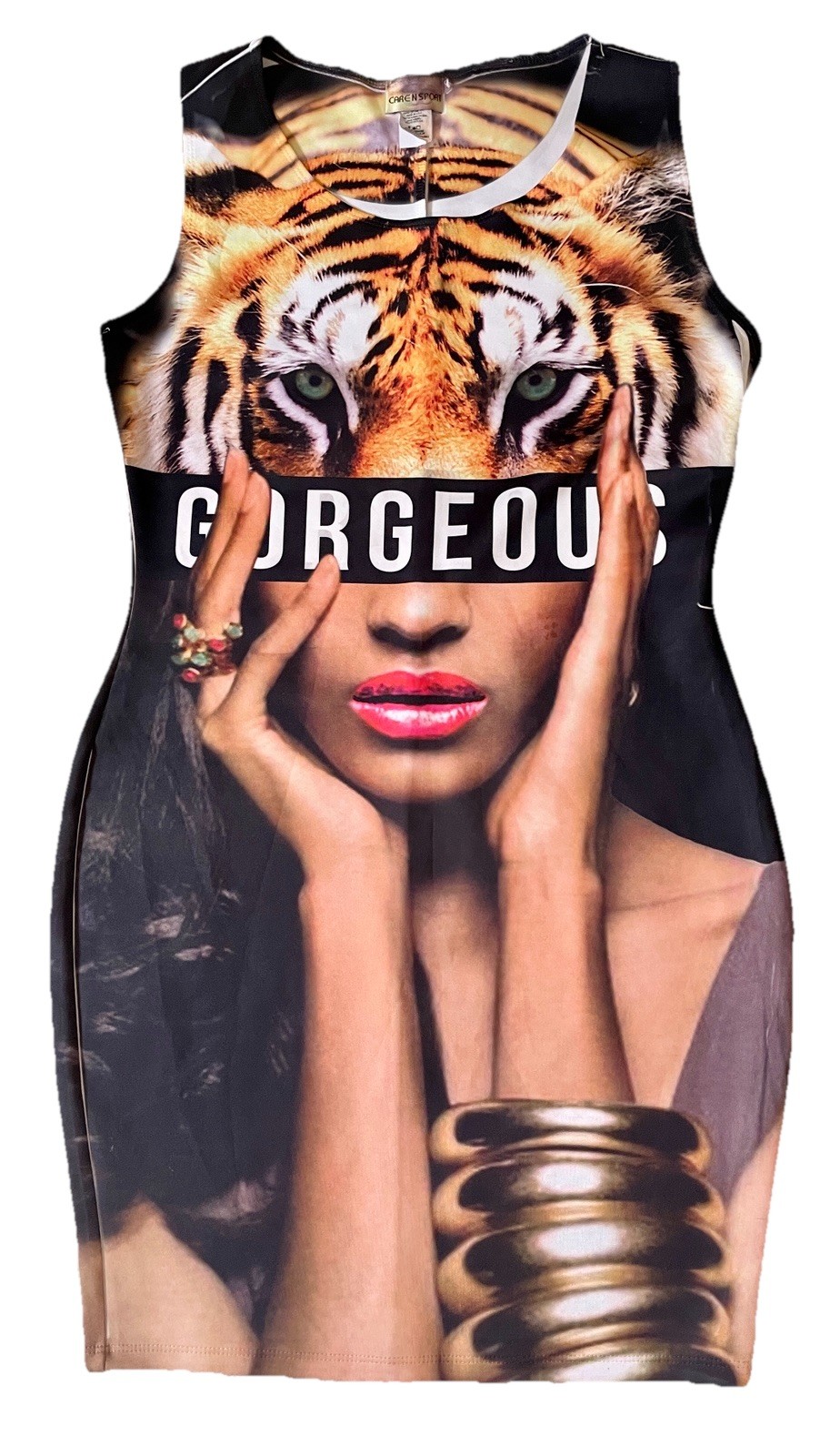 Fabulous TIGER Face Photo Print Bodycon DRESS Size 2XL