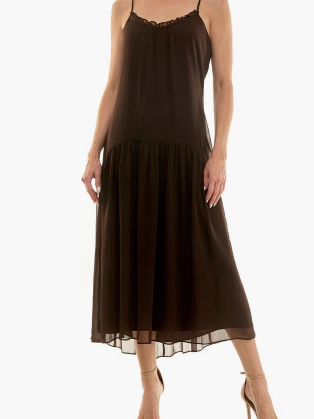Socialite NWT Brown Chiffon Midi Dress & Sheer Bell Sleeve Overlay Set Size Med