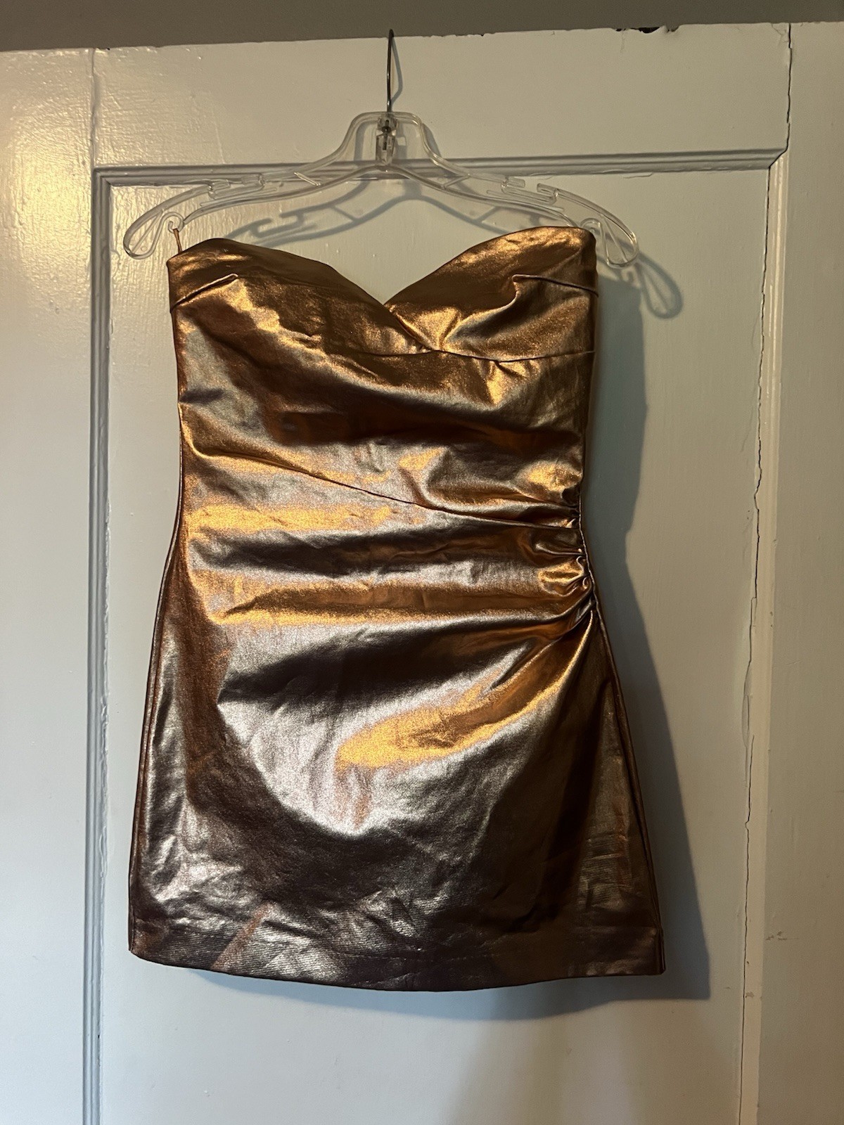 ZARA Copper Rose Gold Metallic Draped Dress w Shorts Size S Strapless Club Night
