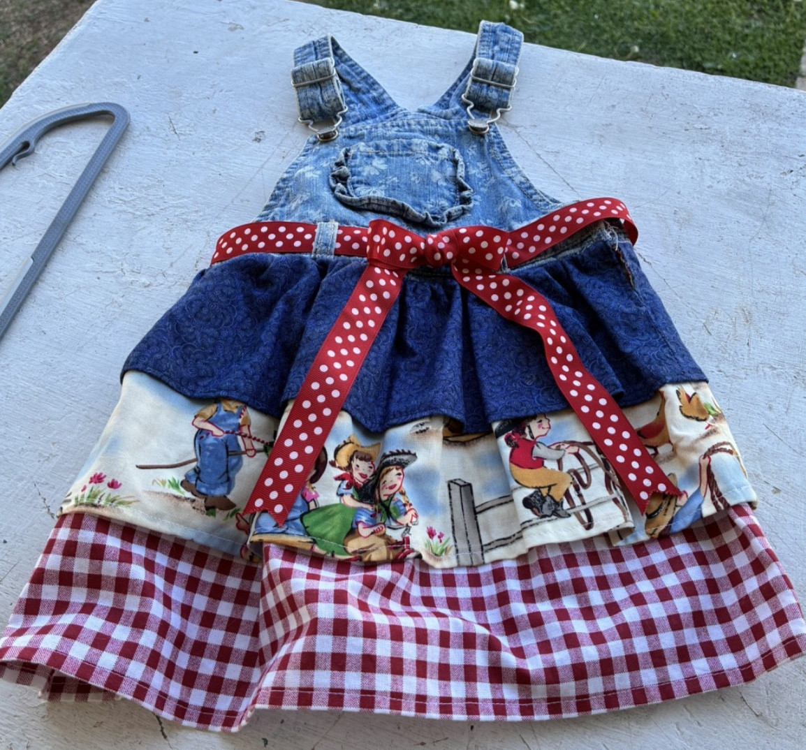 Upcycled Denim Overall Bodice Into Jumper Dress Cowgirl Print Toddler Size 2-3