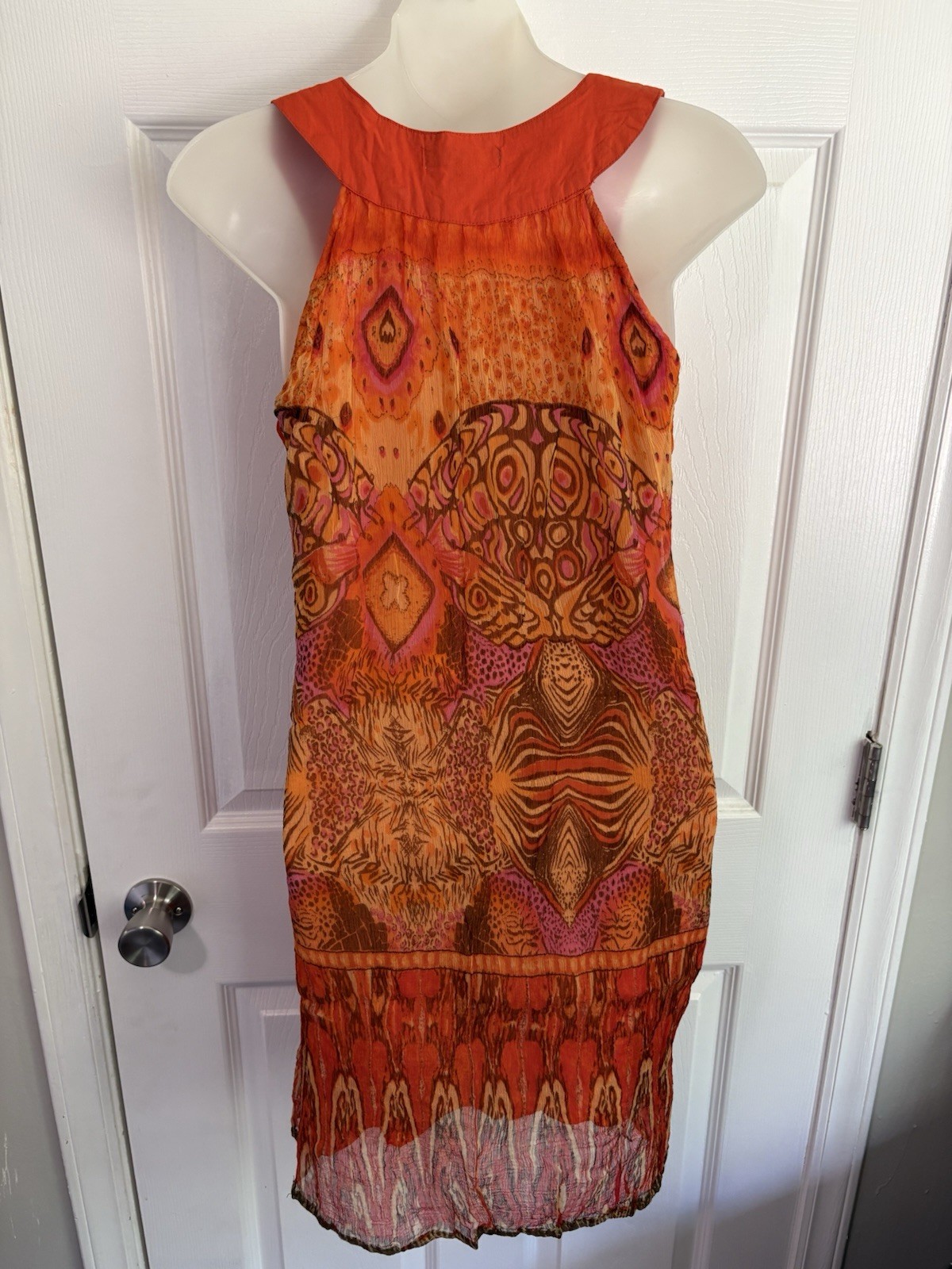 Y2K Alberto Makali Orange Abstract Beaded Studded V-Neck Sleeveless Mini Dress M