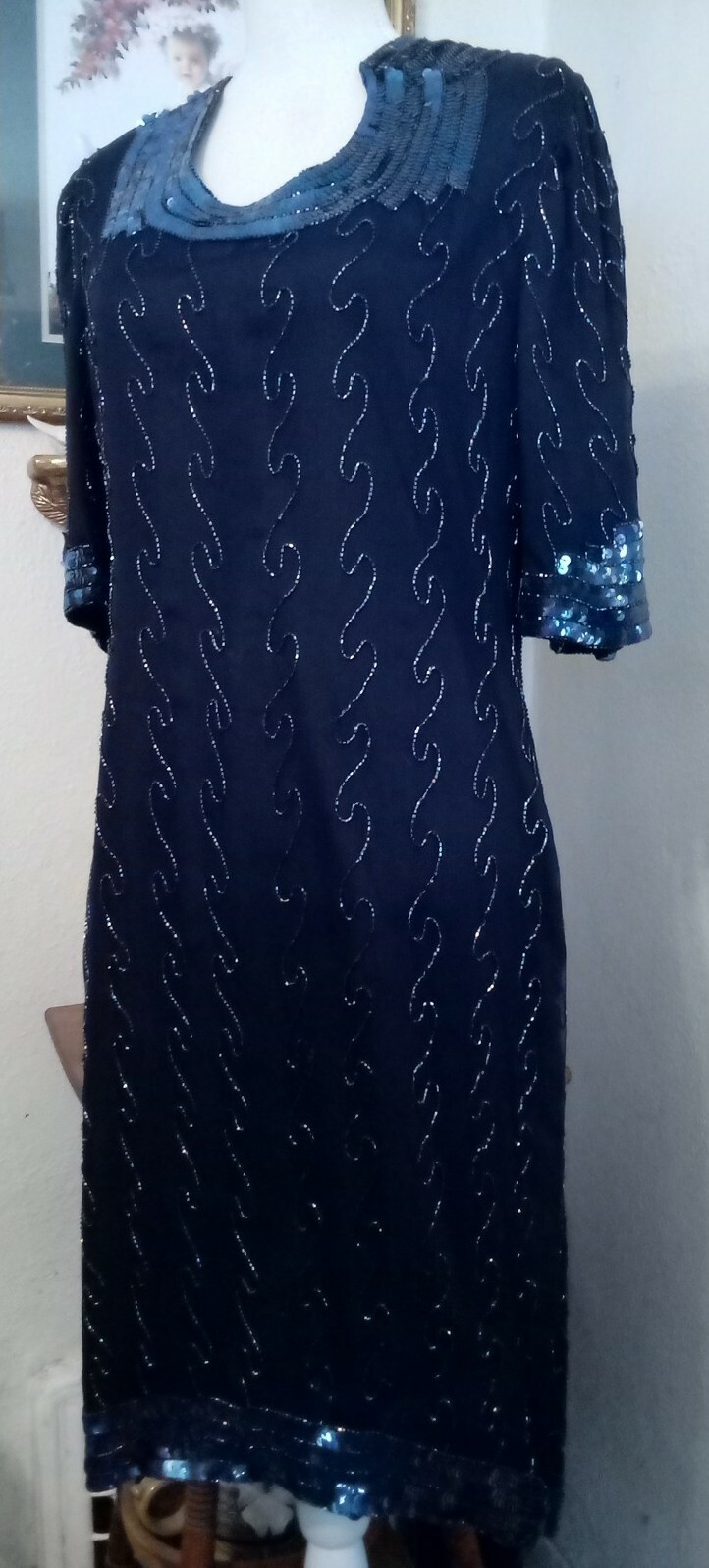 Creative Creations Large Dress Midnight Blue Beaded Sequins Silk Short Sleeves