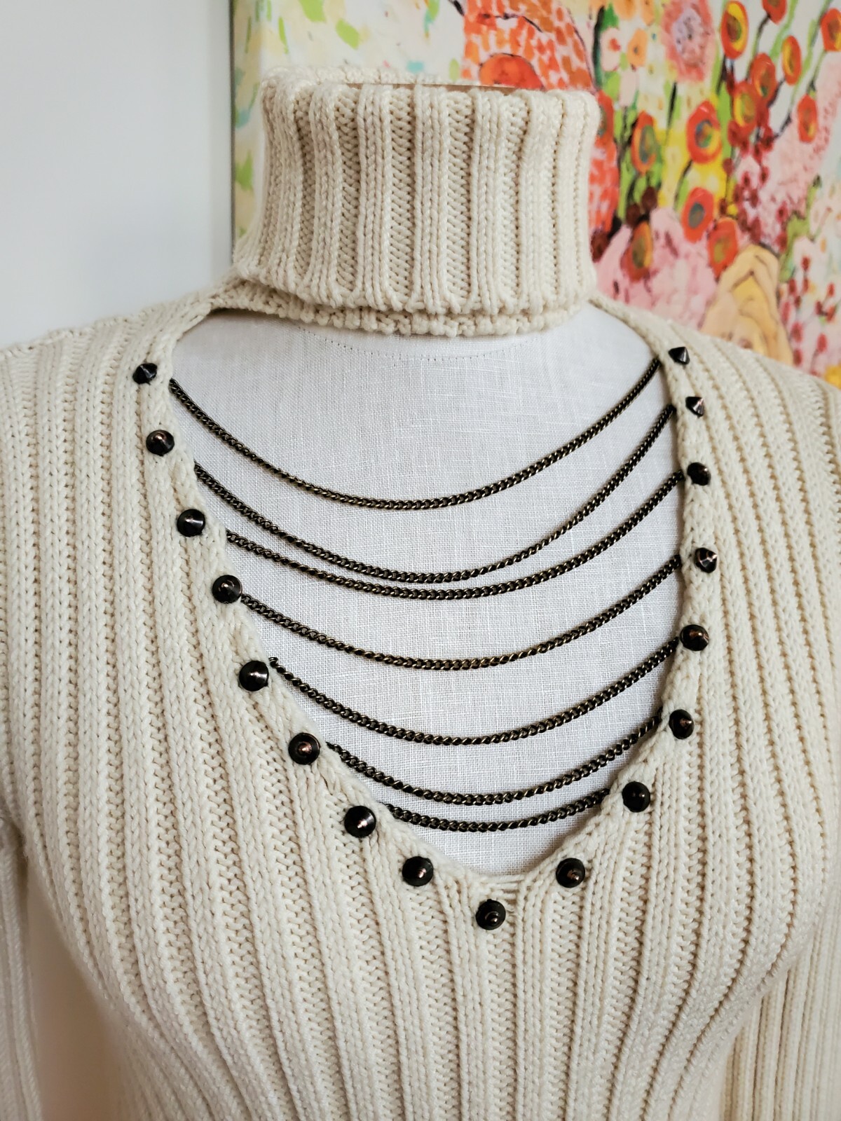 White Cream Cable Knit Turtle/V-neck Chain Thick Bodycon Sweater Dress Size M