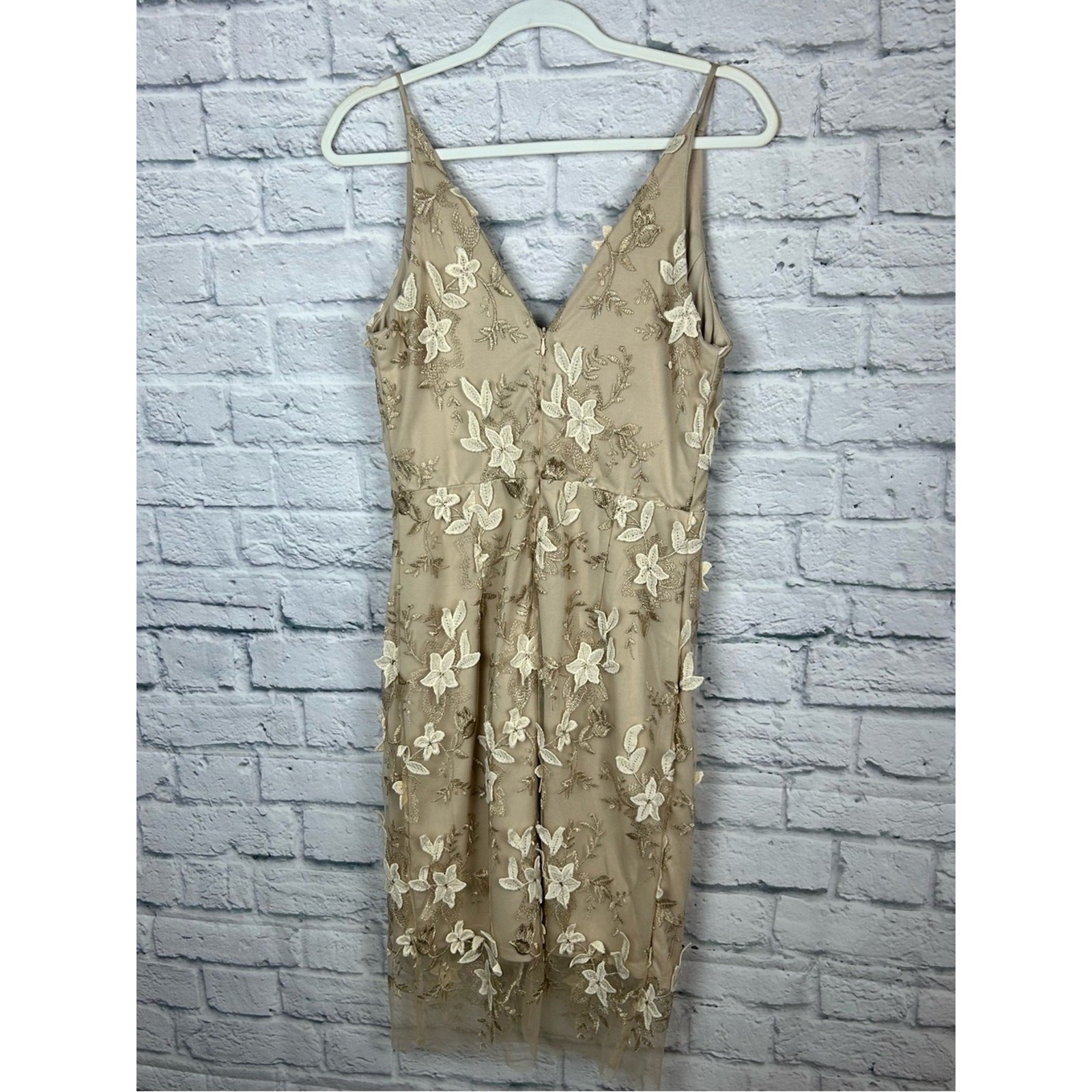 Dress Forum Embroidered Floral Mesh Midi Dress Beige Cream Size Small
