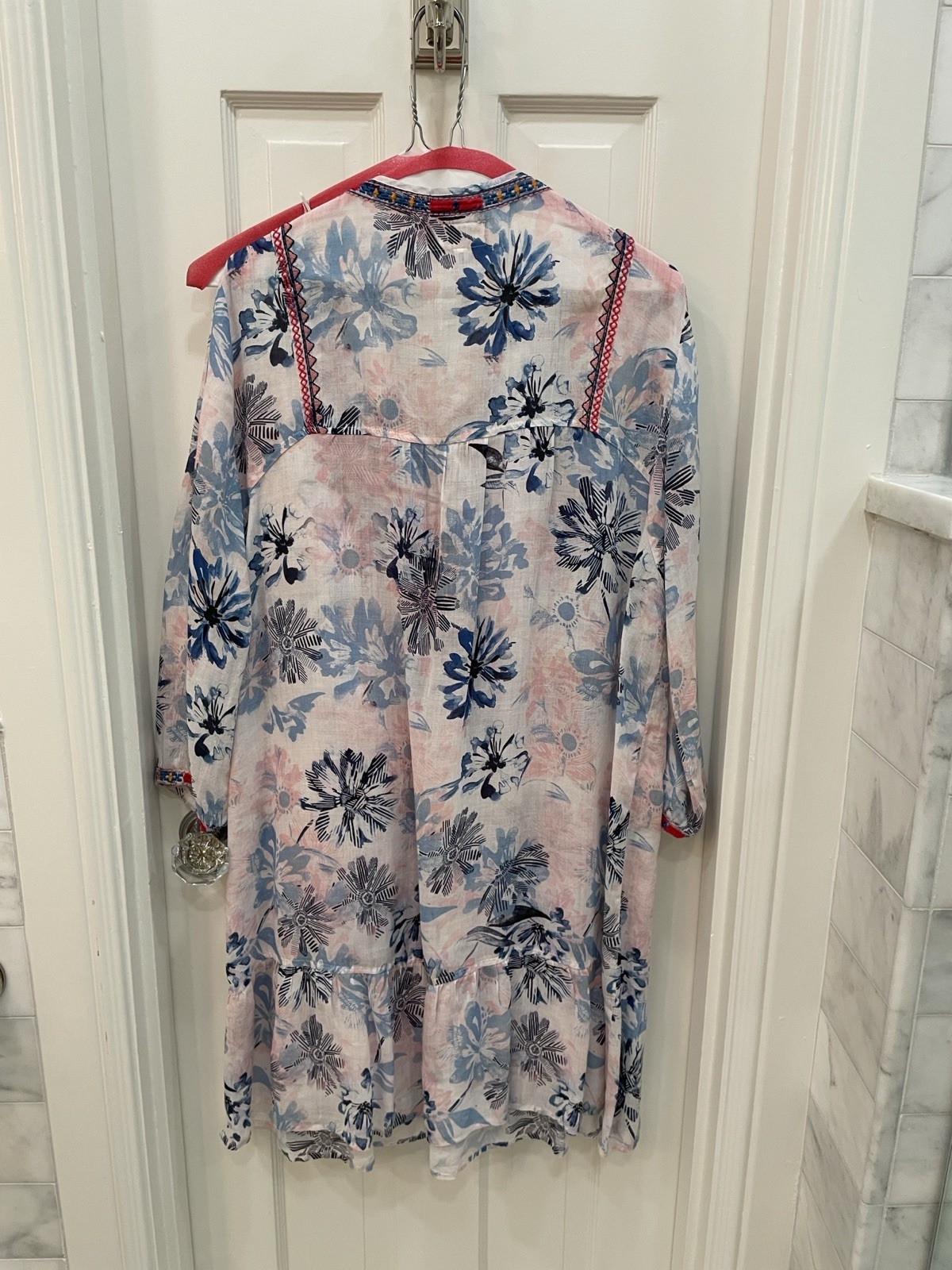 Johnny Was Pink and Blue Floral Embroidered Long Sleeve Dress Size M