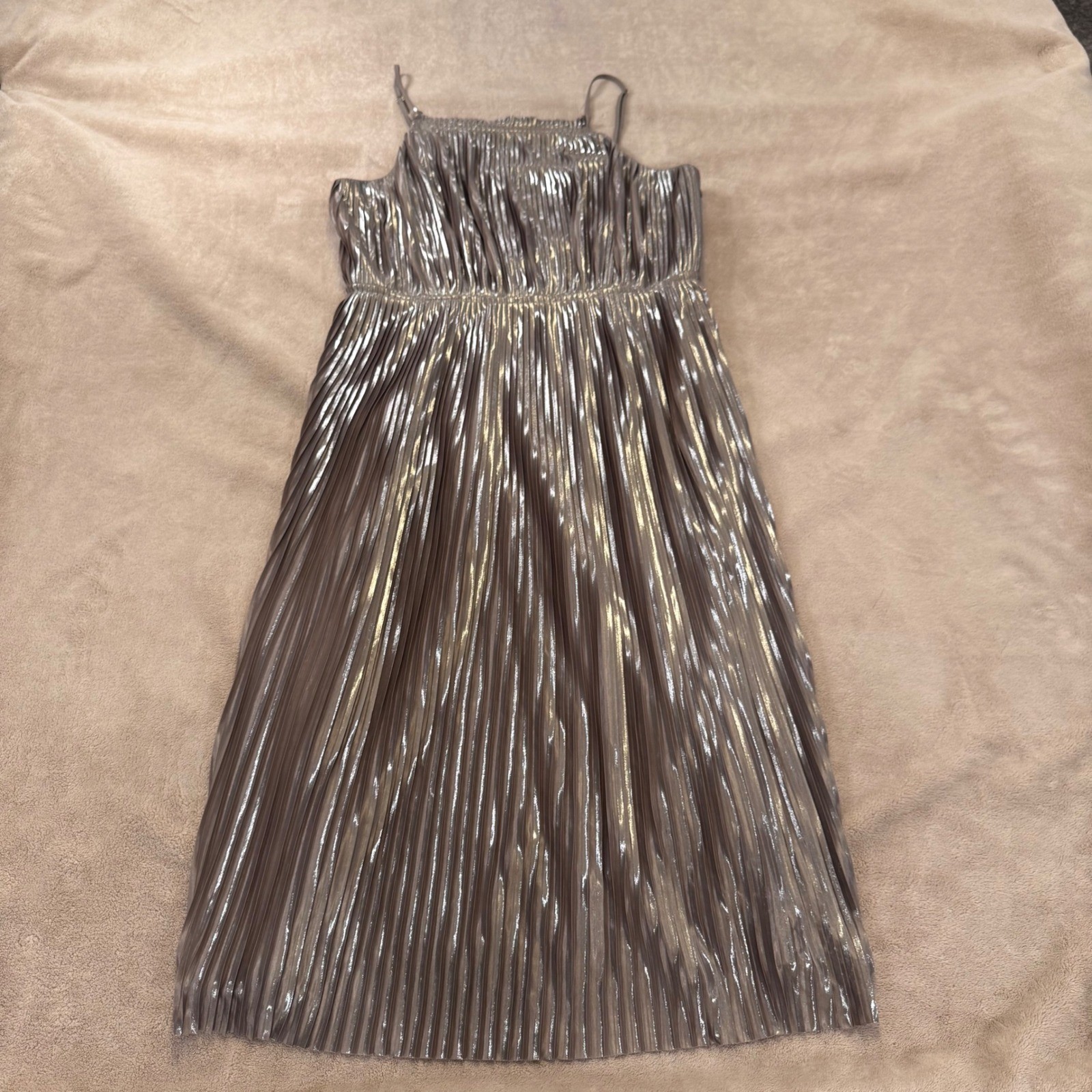 Classy Disco Party Metallic Silver Pleated Midi Dress Wedding Cocktail Sz 10P