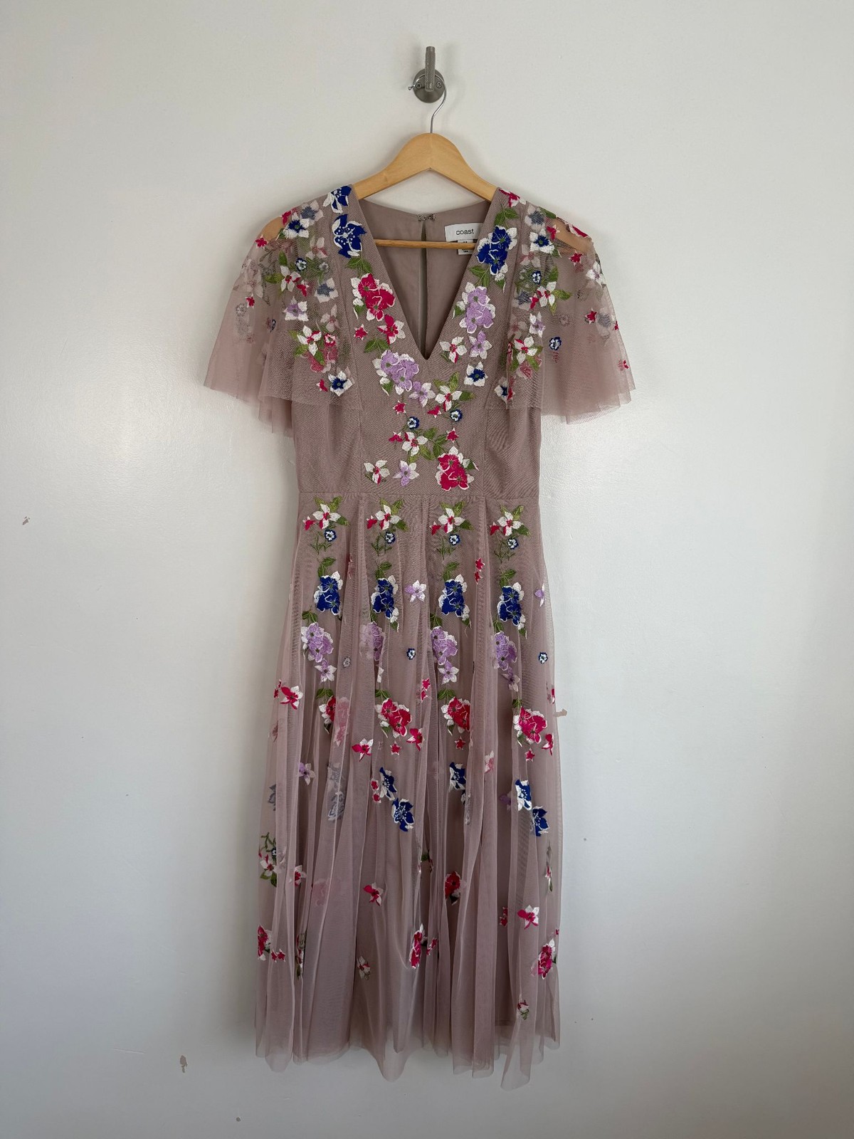Coast Dress Size UK 8 Mauve Floral Embroidered Tulle Midi Mesh Occasion Wedding
