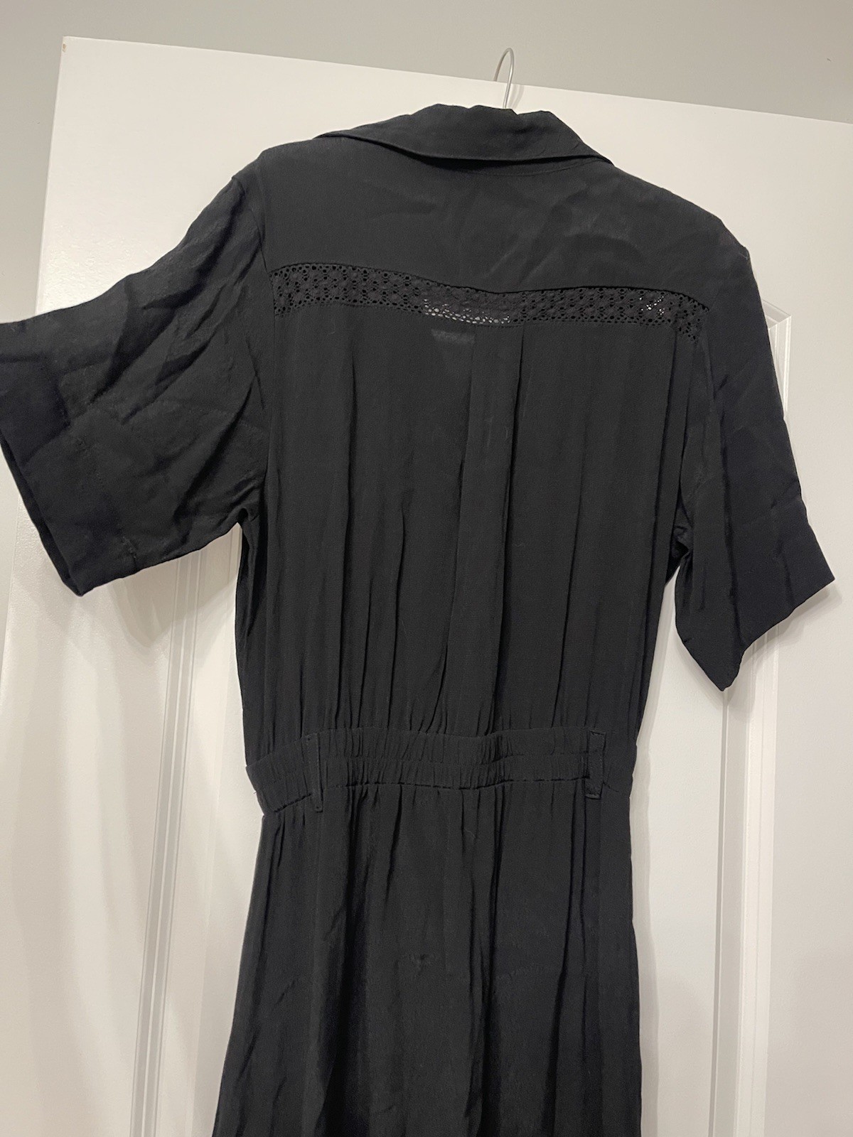 AURA Black Midi Dress Short Sleeve Collared Lace Accents Belted Career Casual M