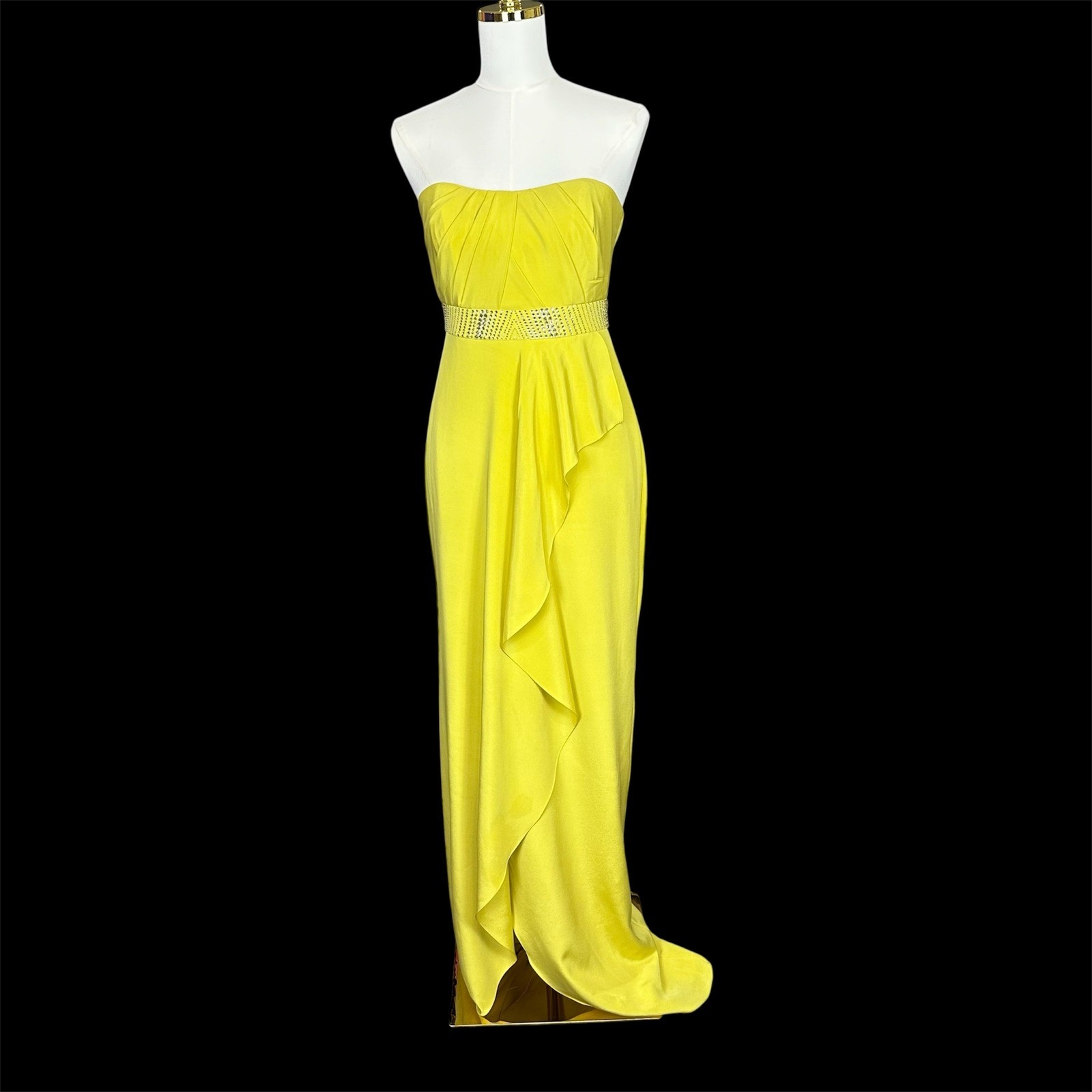 Nicole Miller Yellow Strapless Embellished Waist Ruffle Evening Gown Maxi Dress