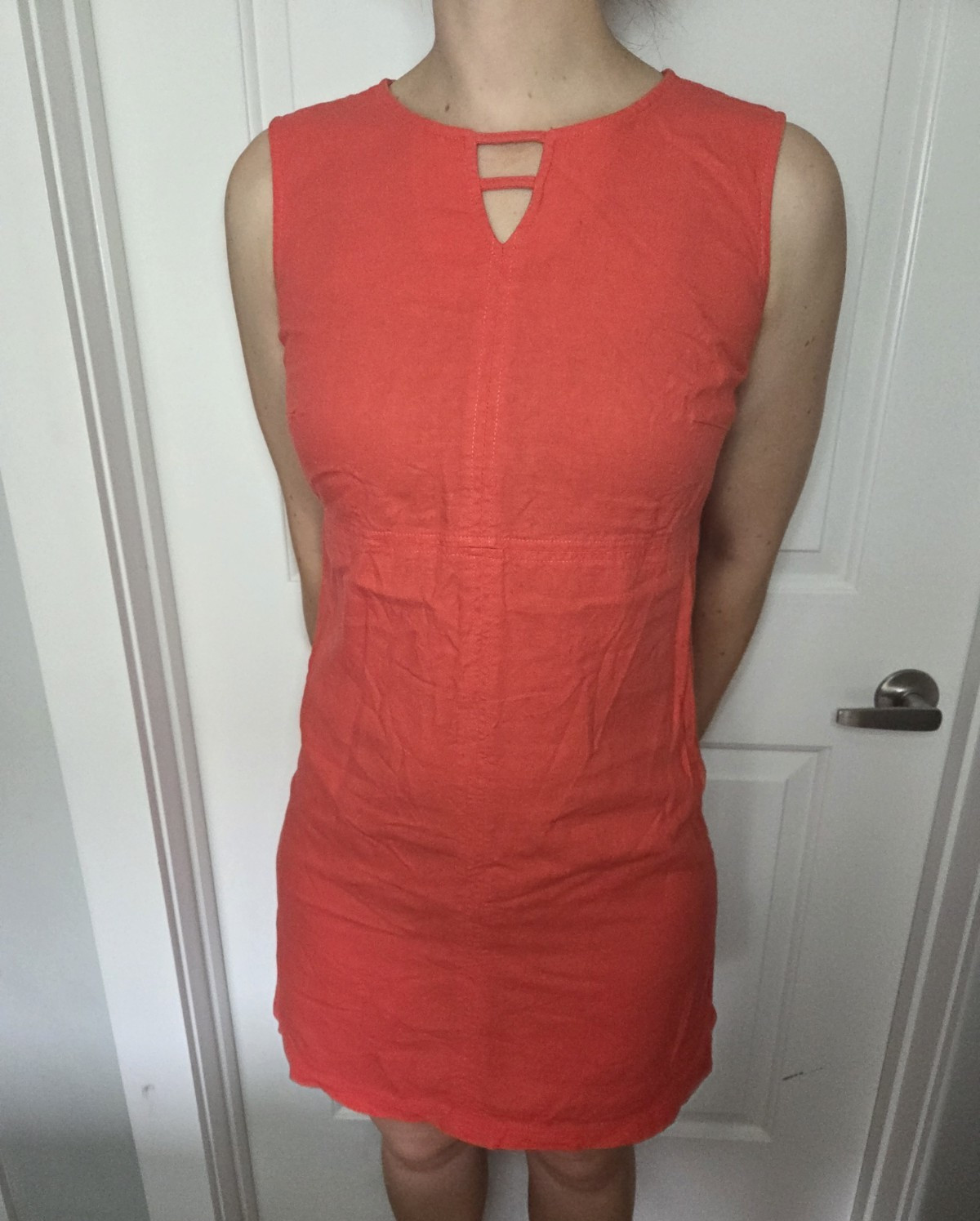 White Stag Women’s Orange Solid Shift Dress Sleeveless Round Neck Knee S Linen