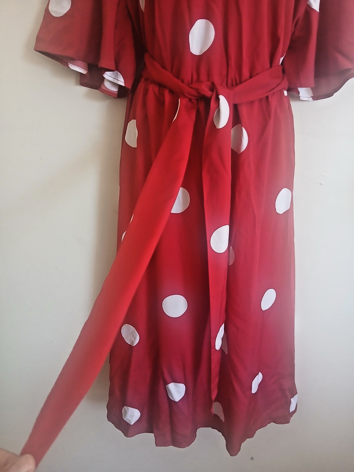Women’s Red/White Polka Dot V-Neck Flutter Sleeve Tie Waist Midi Dress 3XL