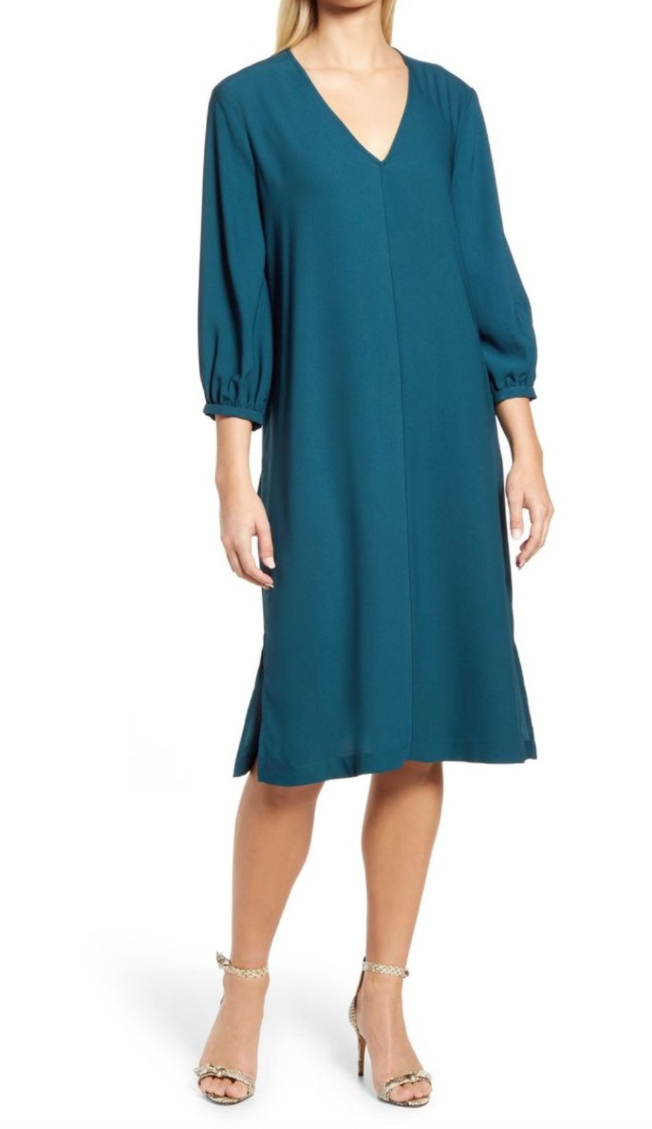 Nordstrom V-Neck Teal 3/4 Sleeve Tunic Midi Dress with Pockets Size S Shift