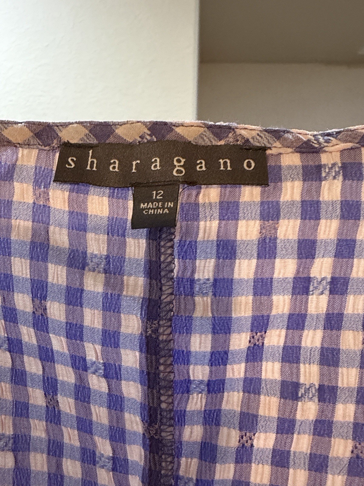 Sharagano Lilac Pink Gingham Midi Dress 12 Square Neck Puff Sleeve Pockets
