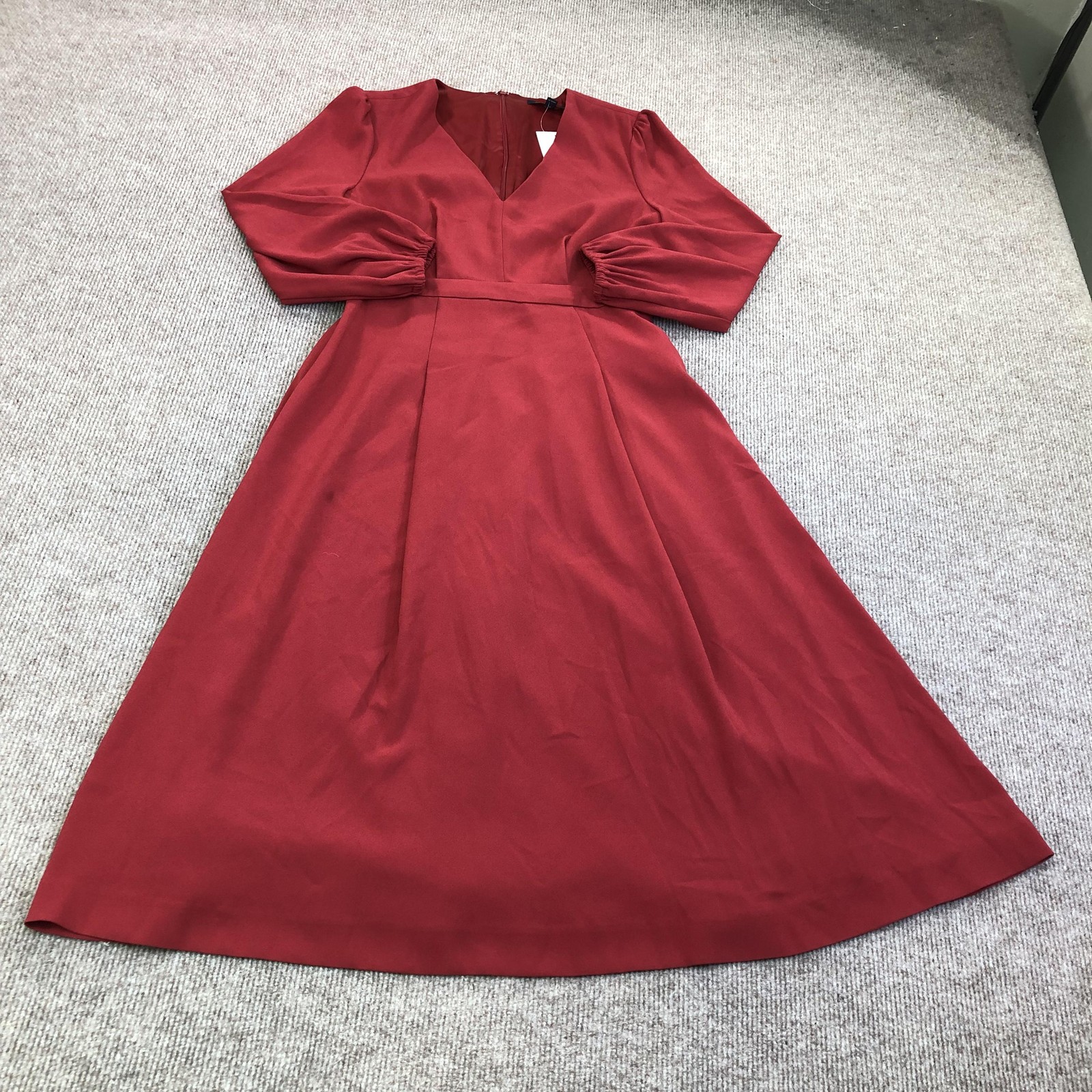 Brooks Brothers Dress Womens 4 Red Crepe V Neck Puff Sleeve Midi Fit & Flare