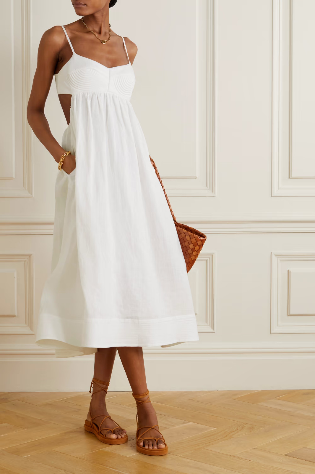 ZIMMERMANN Ivory Bralette Cut-Out Open Back Linen Midi Tank Dress 3 = L = 8/10