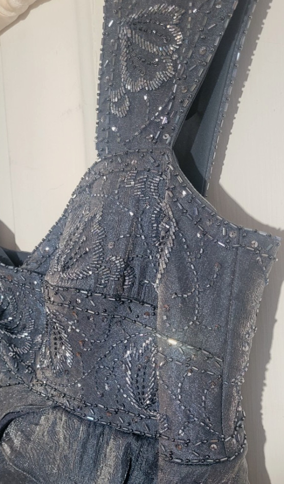EUC Shimmering Blue Tiered Ruffle Sequins Beaded Formal Gown Dress Maxi 14 LG